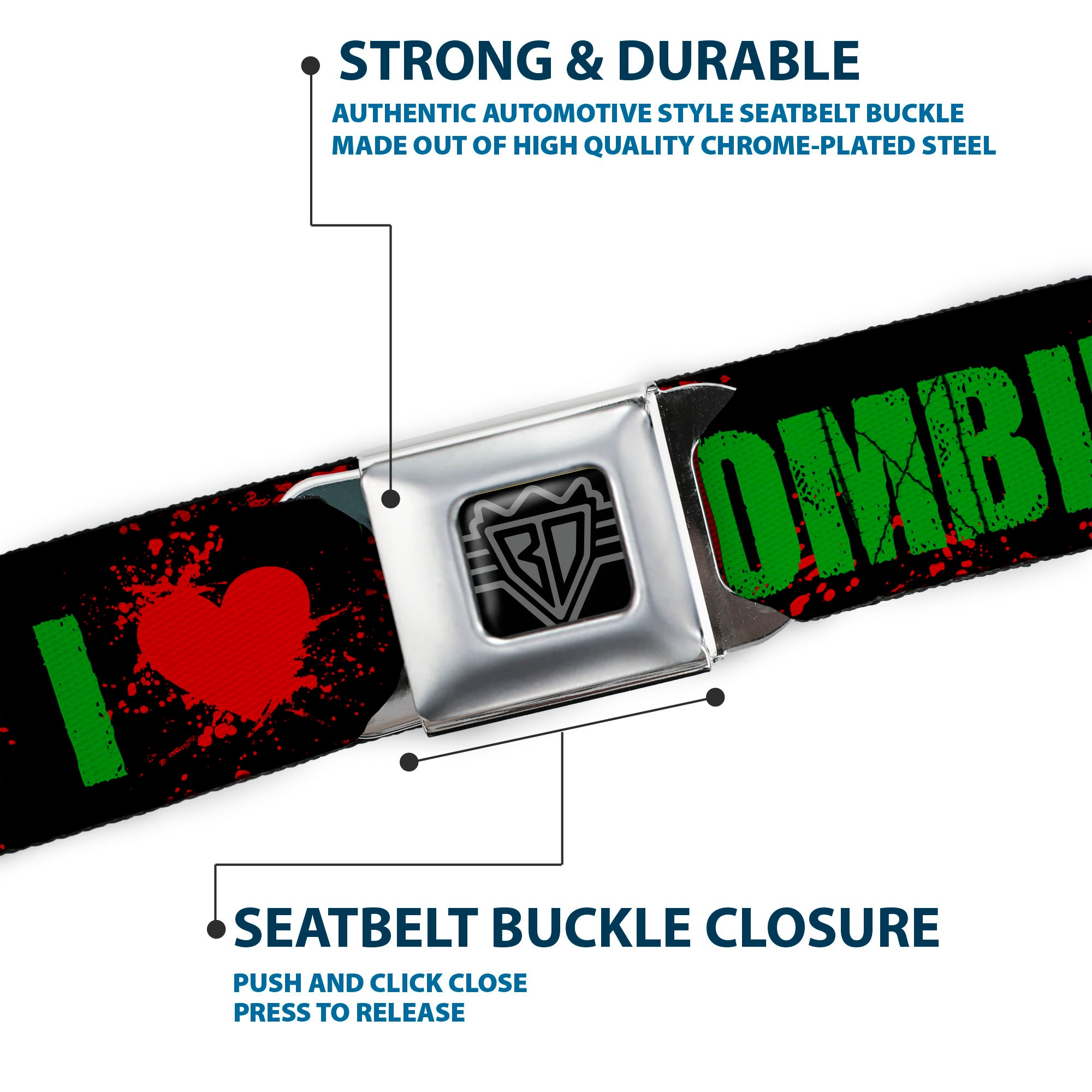 BD Wings Logo CLOSE-UP Full Color Black Silver Seatbelt Belt - I "HEART" ZOMBIES Black/Green/Red Splatter Webbing Seatbelt Belts Buckle-Down