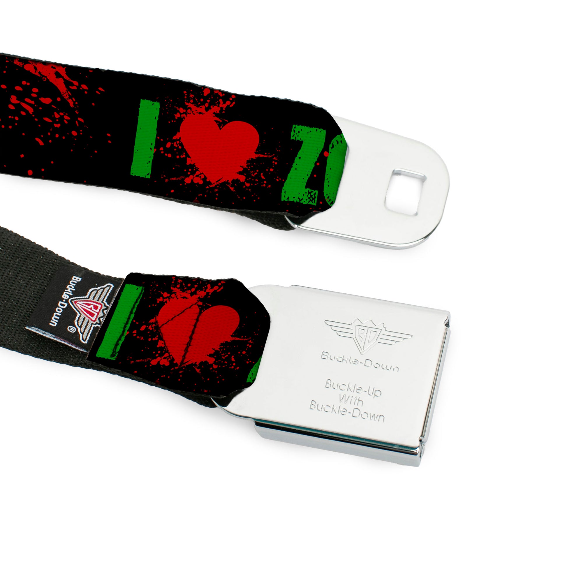 BD Wings Logo CLOSE-UP Full Color Black Silver Seatbelt Belt - I "HEART" ZOMBIES Black/Green/Red Splatter Webbing Seatbelt Belts Buckle-Down