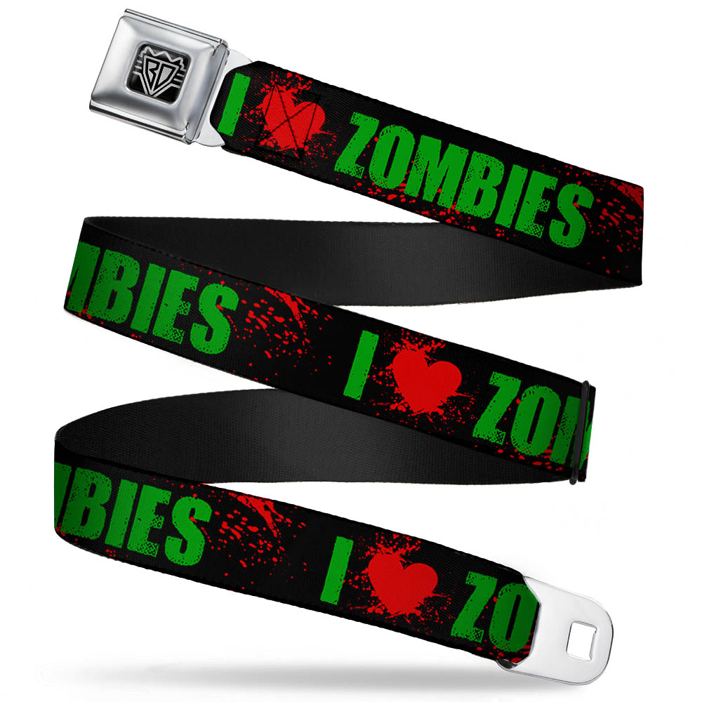BD Wings Logo CLOSE-UP Full Color Black Silver Seatbelt Belt - I "HEART" ZOMBIES Black/Green/Red Splatter Webbing Seatbelt Belts Buckle-Down