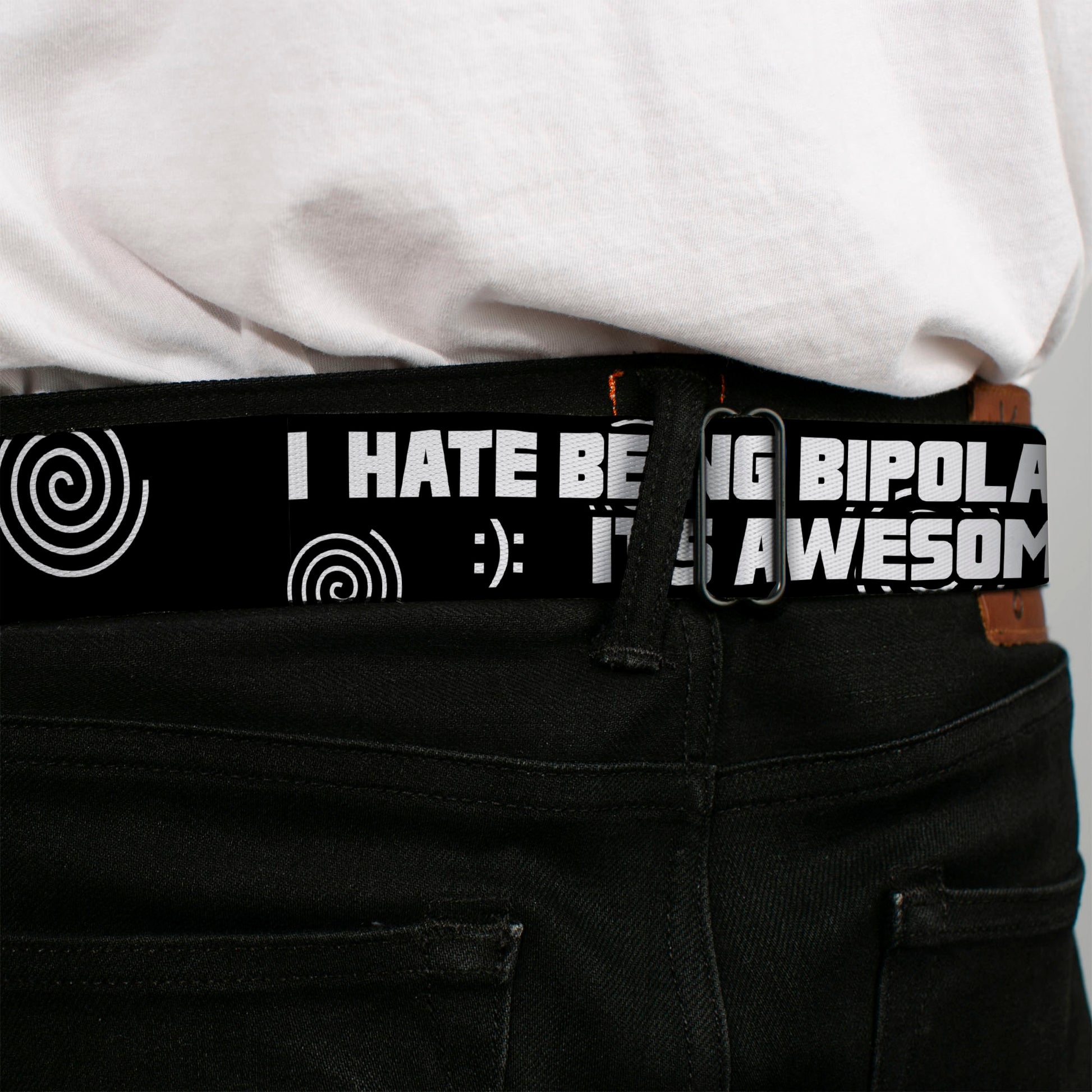 Seatbelt Belt - I HATE BEING BIPOLAR-IT'S AWESOME Black/White Seatbelt Belts Buckle-Down