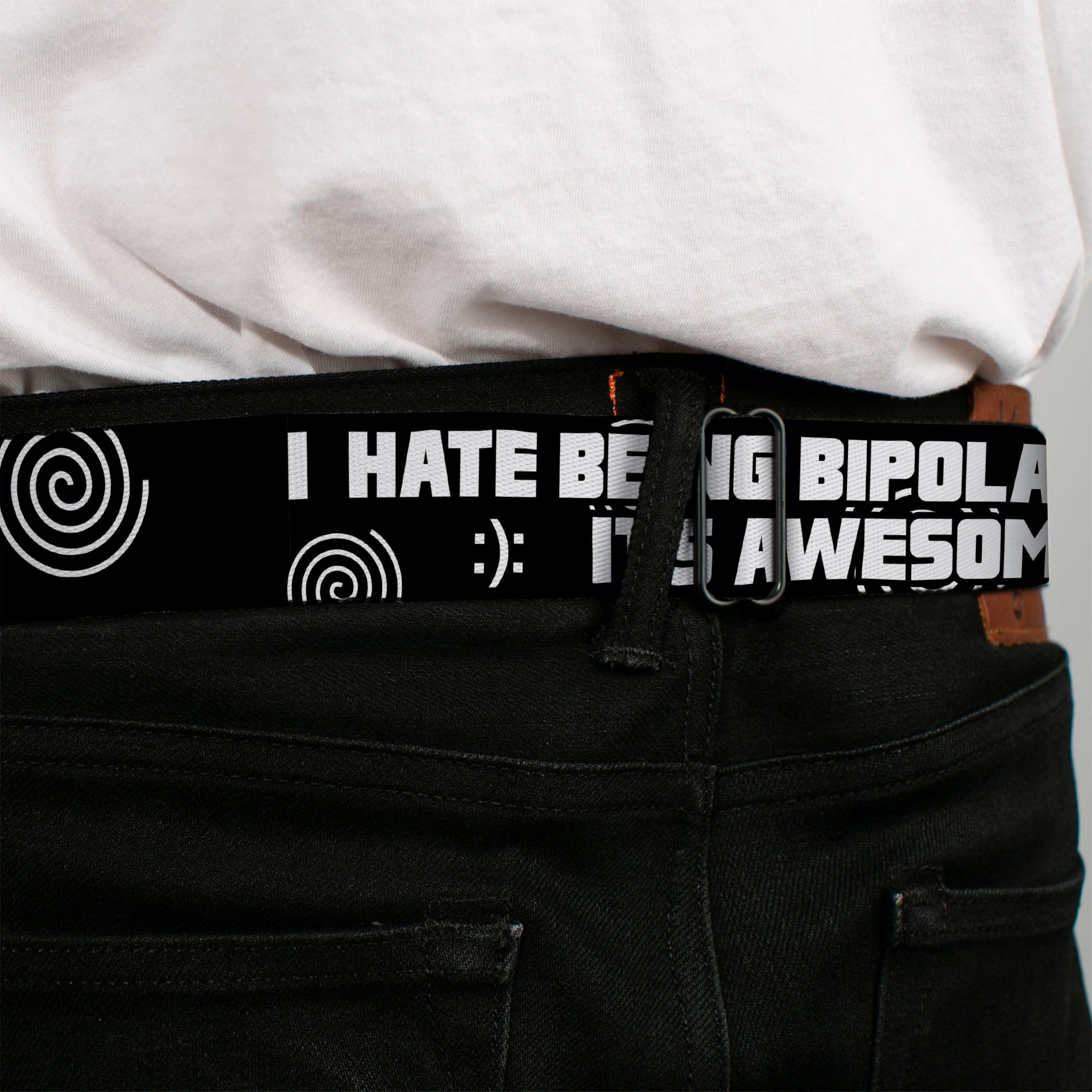 Seatbelt Belt - I HATE BEING BIPOLAR-IT'S AWESOME Black/White Seatbelt Belts Buckle-Down