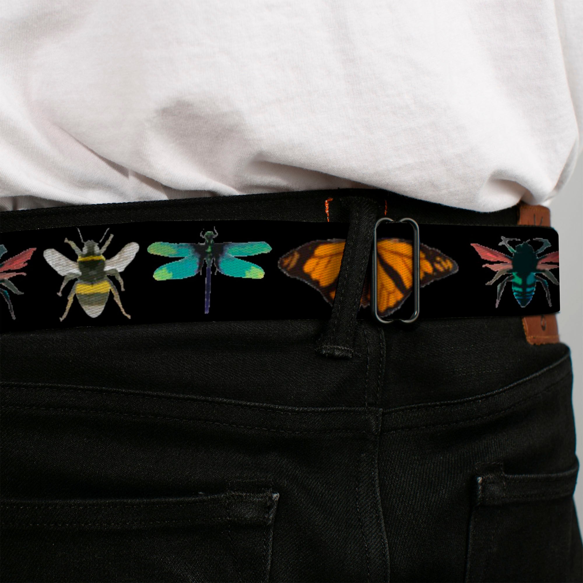 BD Wings Logo CLOSE-UP Full Color Black Silver Seatbelt Belt - Insects CLOSE-UP Black Webbing Seatbelt Belts Buckle-Down
