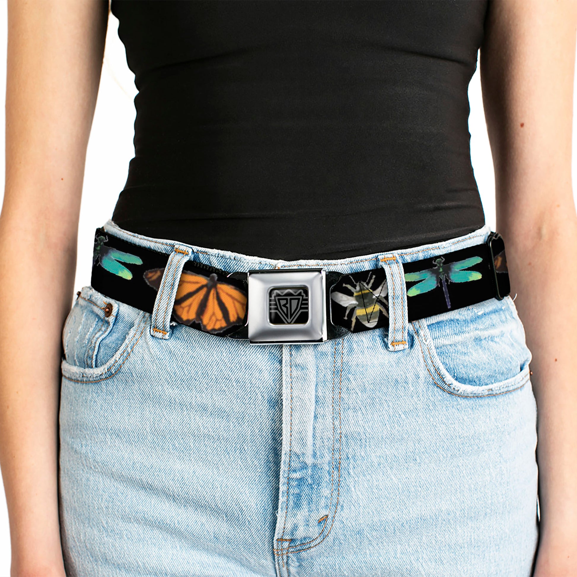 BD Wings Logo CLOSE-UP Full Color Black Silver Seatbelt Belt - Insects CLOSE-UP Black Webbing Seatbelt Belts Buckle-Down