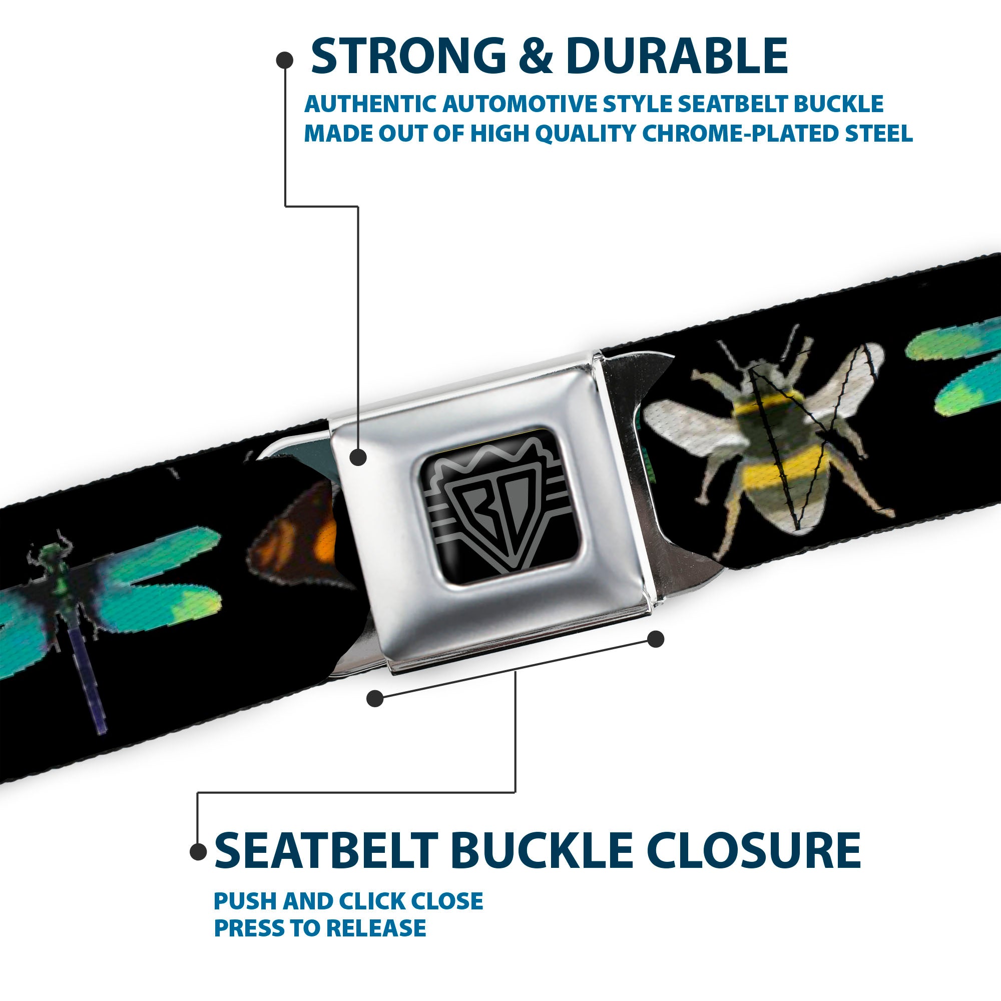 BD Wings Logo CLOSE-UP Full Color Black Silver Seatbelt Belt - Insects CLOSE-UP Black Webbing Seatbelt Belts Buckle-Down