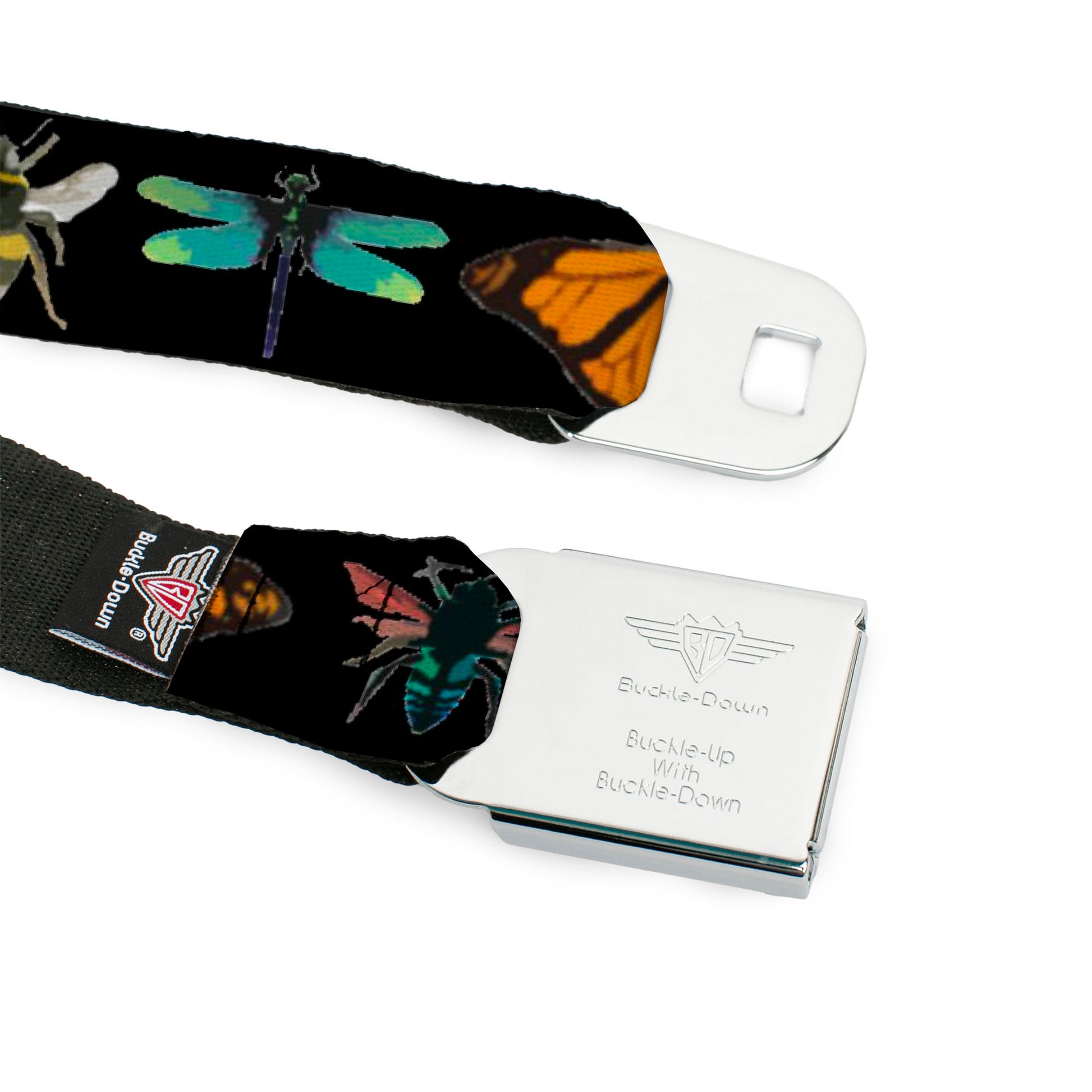 BD Wings Logo CLOSE-UP Full Color Black Silver Seatbelt Belt - Insects CLOSE-UP Black Webbing Seatbelt Belts Buckle-Down