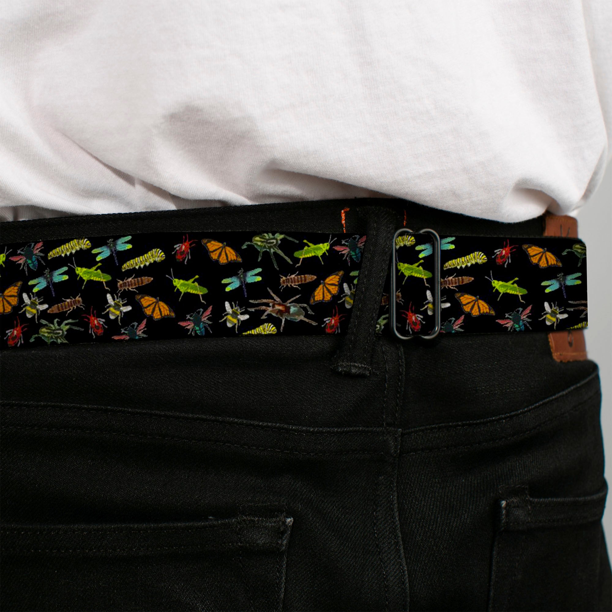 BD Wings Logo CLOSE-UP Full Color Black Silver Seatbelt Belt - Insects Scattered Black Webbing Seatbelt Belts Buckle-Down