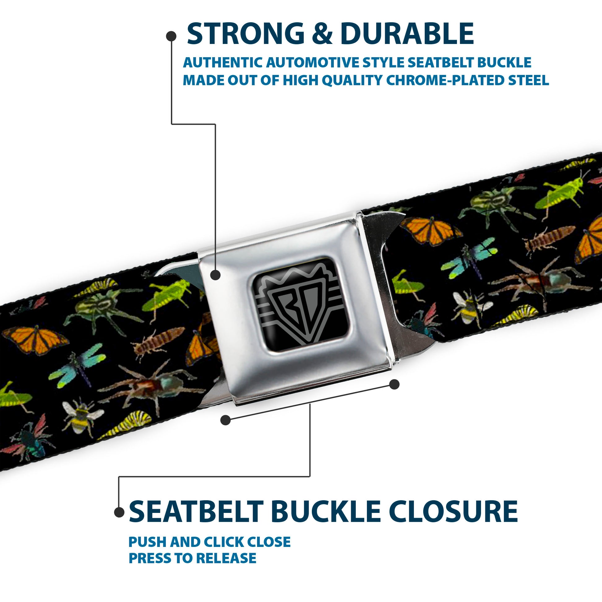 BD Wings Logo CLOSE-UP Full Color Black Silver Seatbelt Belt - Insects Scattered Black Webbing Seatbelt Belts Buckle-Down