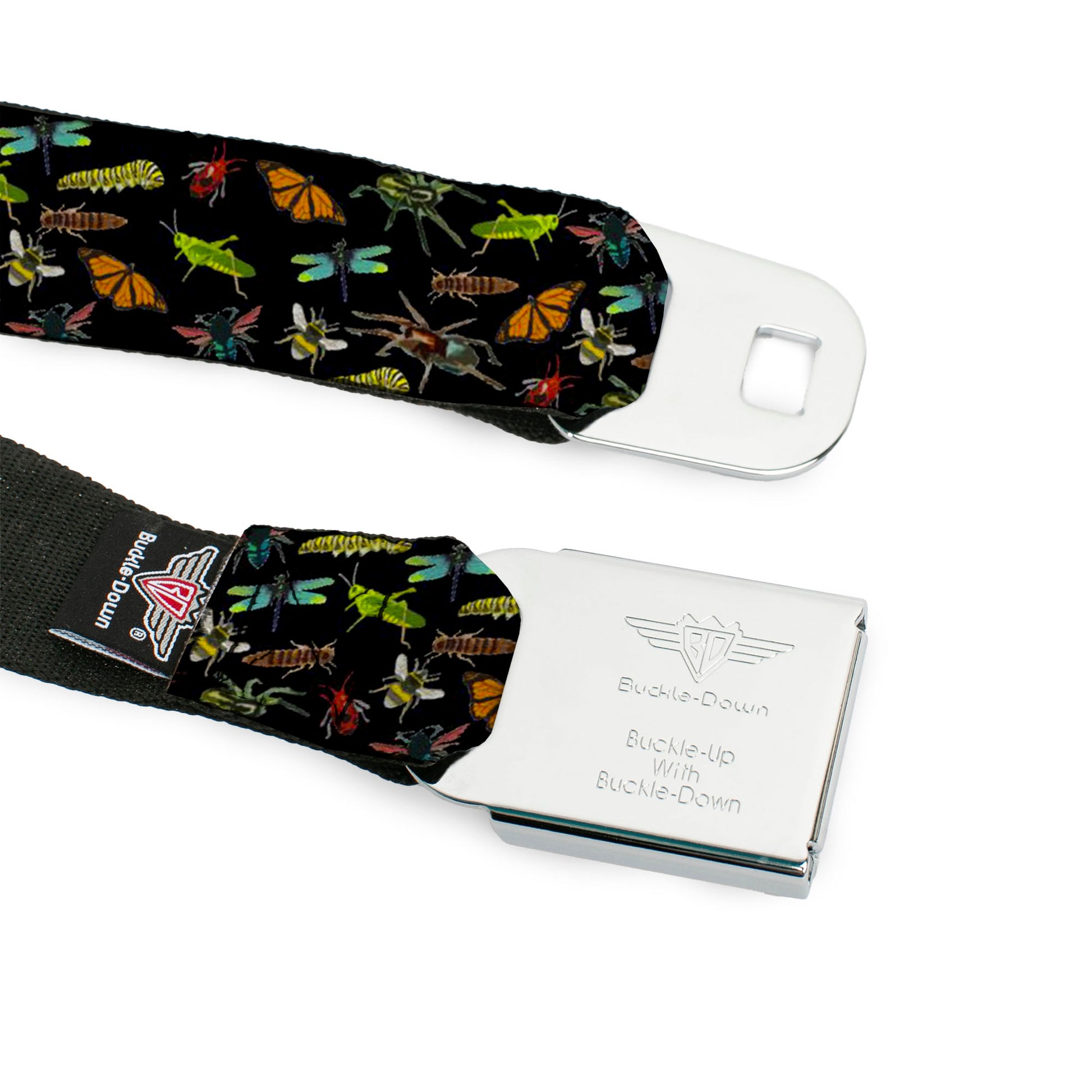 BD Wings Logo CLOSE-UP Full Color Black Silver Seatbelt Belt - Insects Scattered Black Webbing Seatbelt Belts Buckle-Down