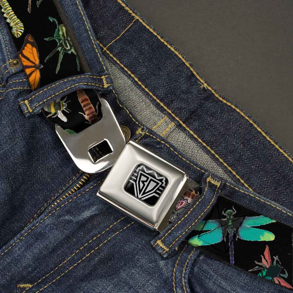 BD Wings Logo CLOSE-UP Full Color Black Silver Seatbelt Belt - Insects Scattered CLOSE-UP Black Webbing Seatbelt Belts Buckle-Down
