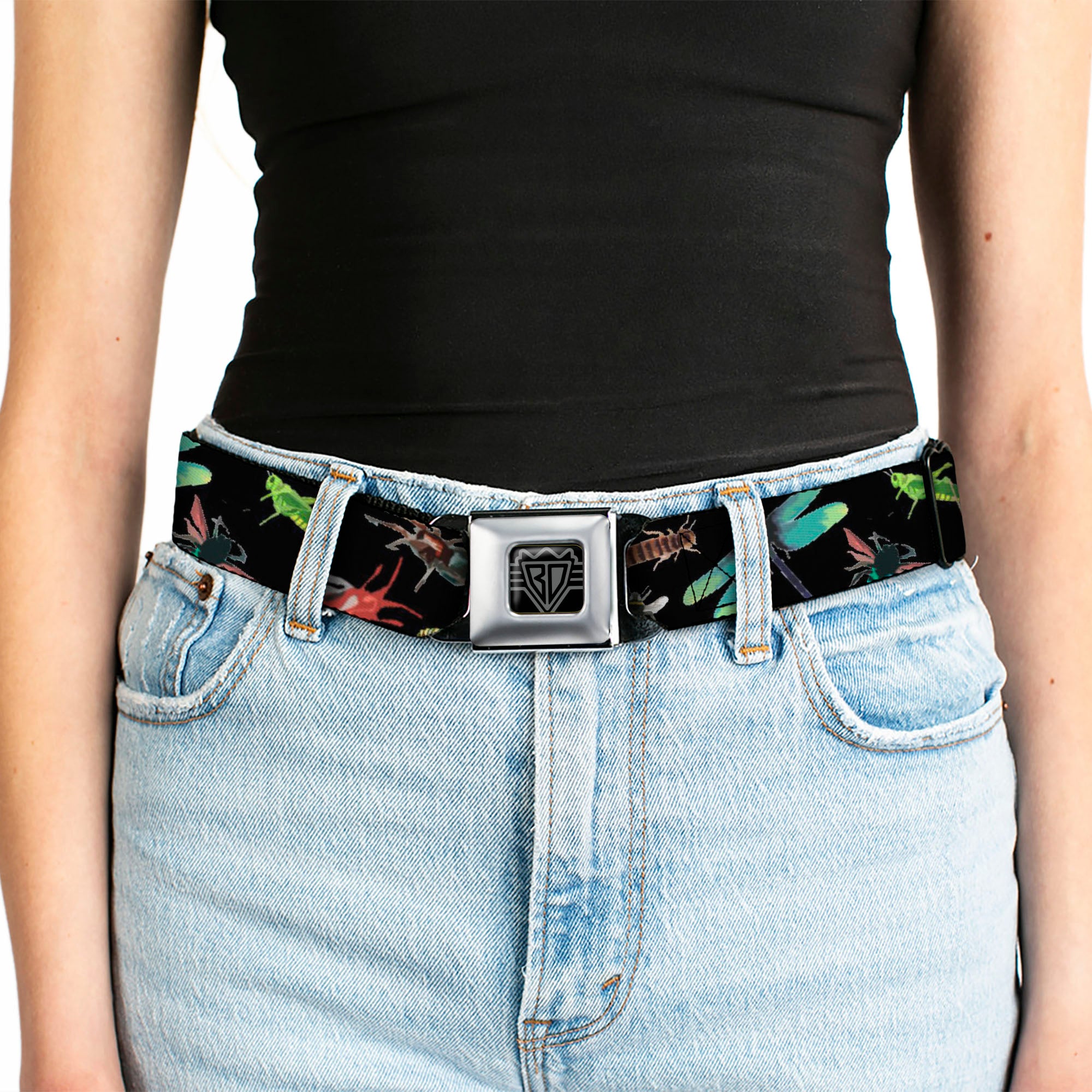 BD Wings Logo CLOSE-UP Full Color Black Silver Seatbelt Belt - Insects Scattered CLOSE-UP Black Webbing Seatbelt Belts Buckle-Down