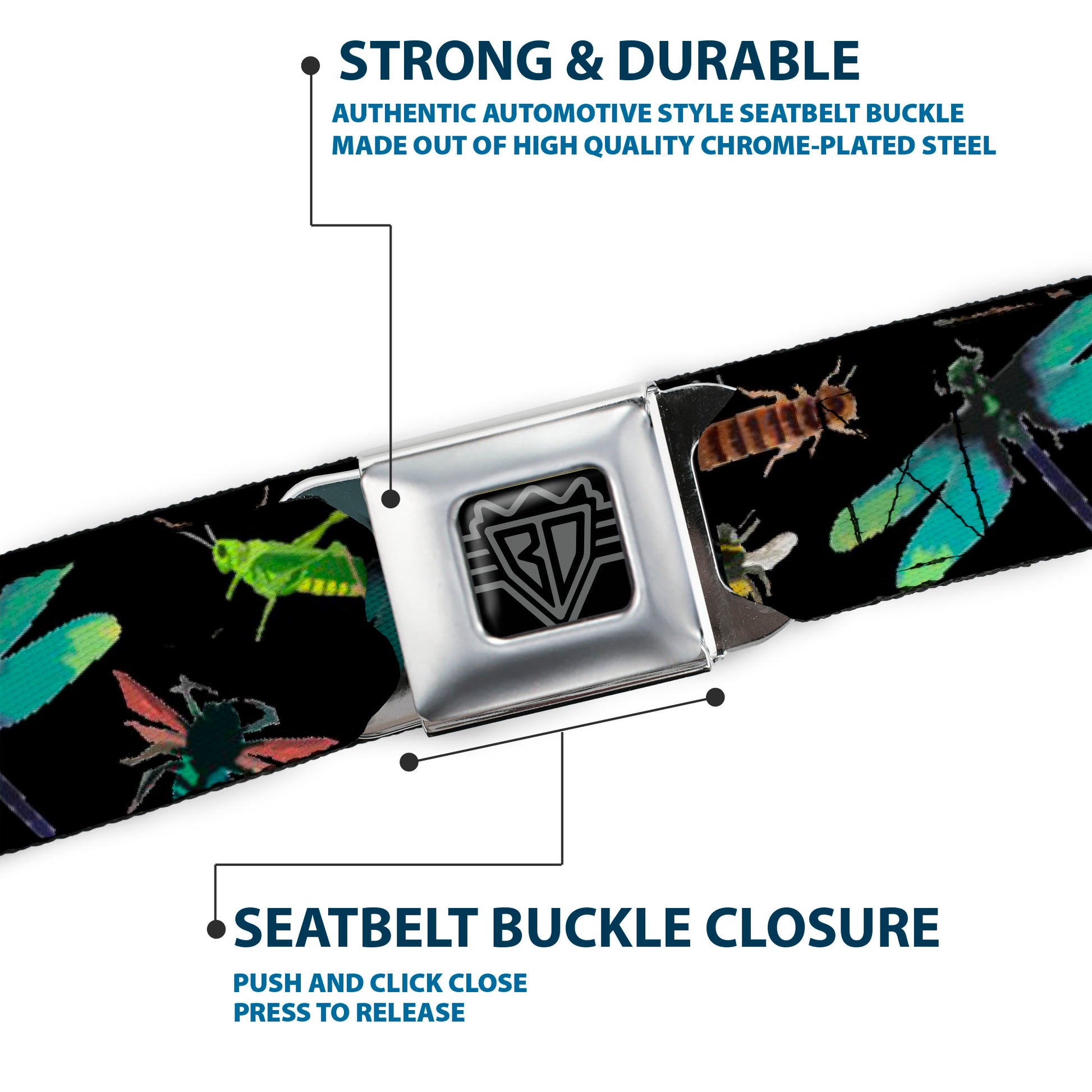 BD Wings Logo CLOSE-UP Full Color Black Silver Seatbelt Belt - Insects Scattered CLOSE-UP Black Webbing Seatbelt Belts Buckle-Down