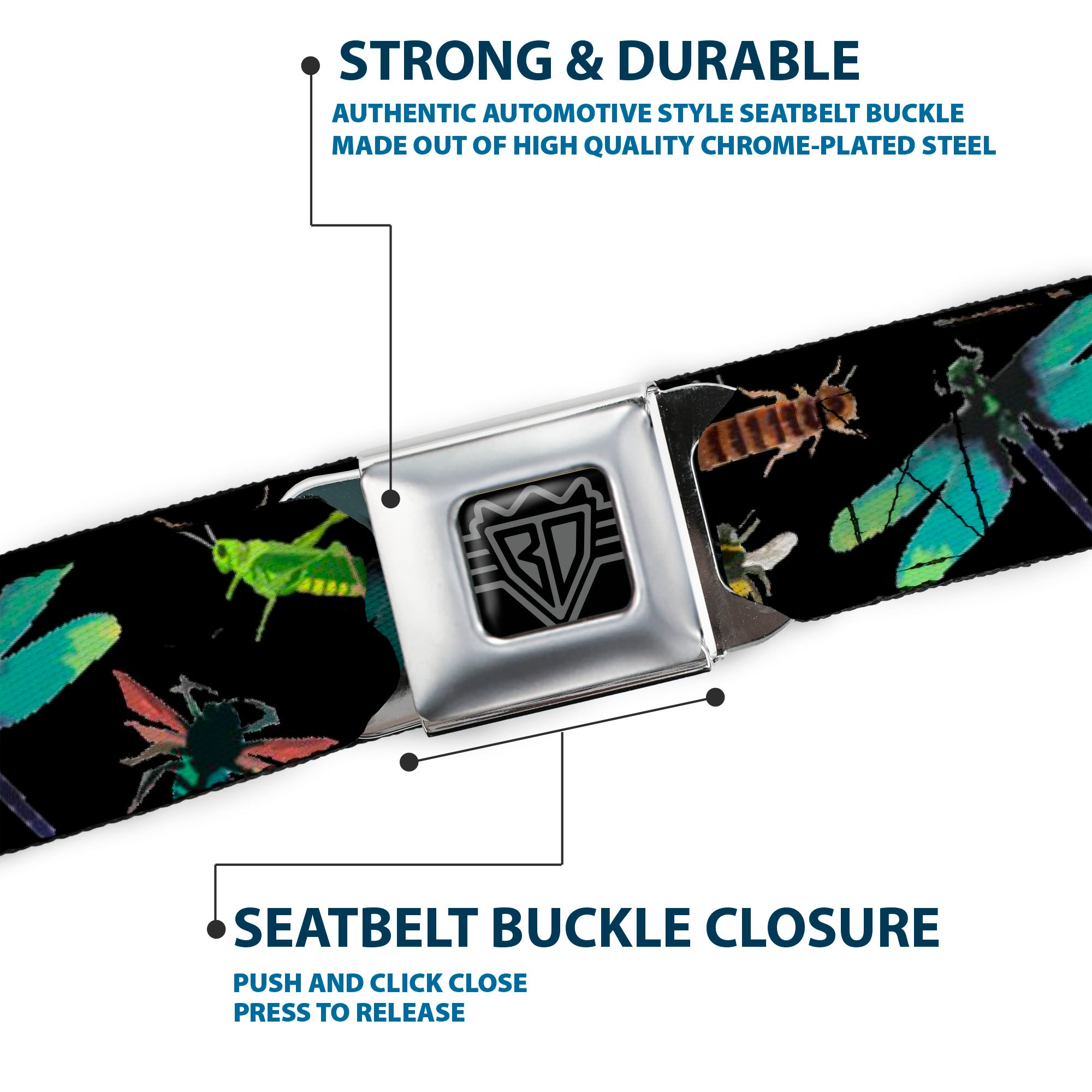 BD Wings Logo CLOSE-UP Full Color Black Silver Seatbelt Belt - Insects Scattered CLOSE-UP Black Webbing Seatbelt Belts Buckle-Down