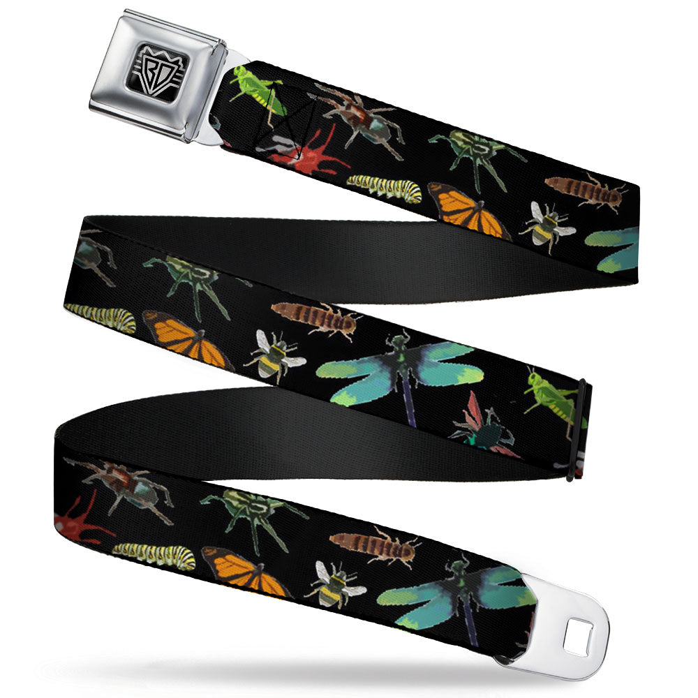 BD Wings Logo CLOSE-UP Full Color Black Silver Seatbelt Belt - Insects Scattered CLOSE-UP Black Webbing Seatbelt Belts Buckle-Down