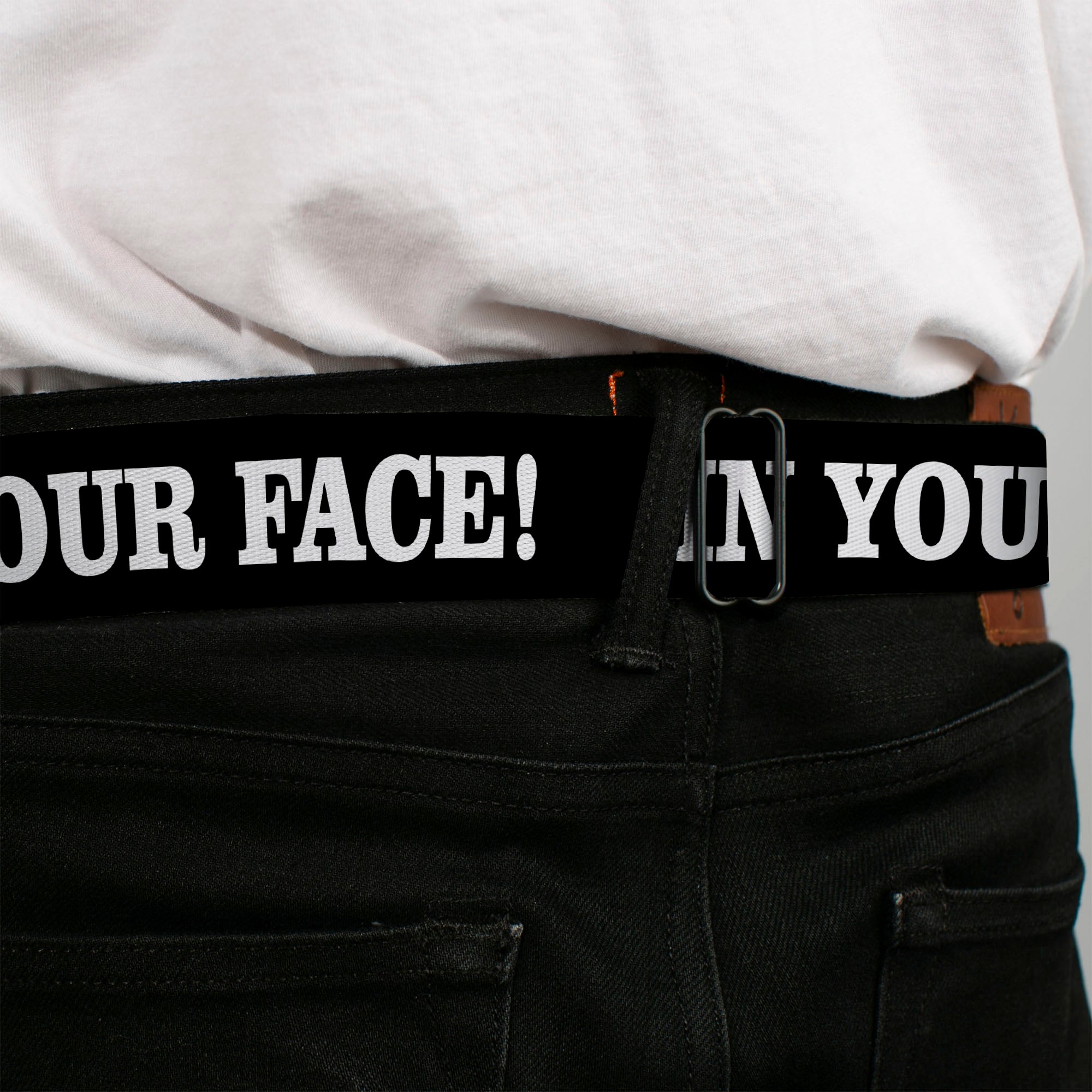 BD Wings Logo CLOSE-UP Full Color Black Silver Seatbelt Belt - IN YOUR FACE Black/White Webbing Seatbelt Belts Buckle-Down