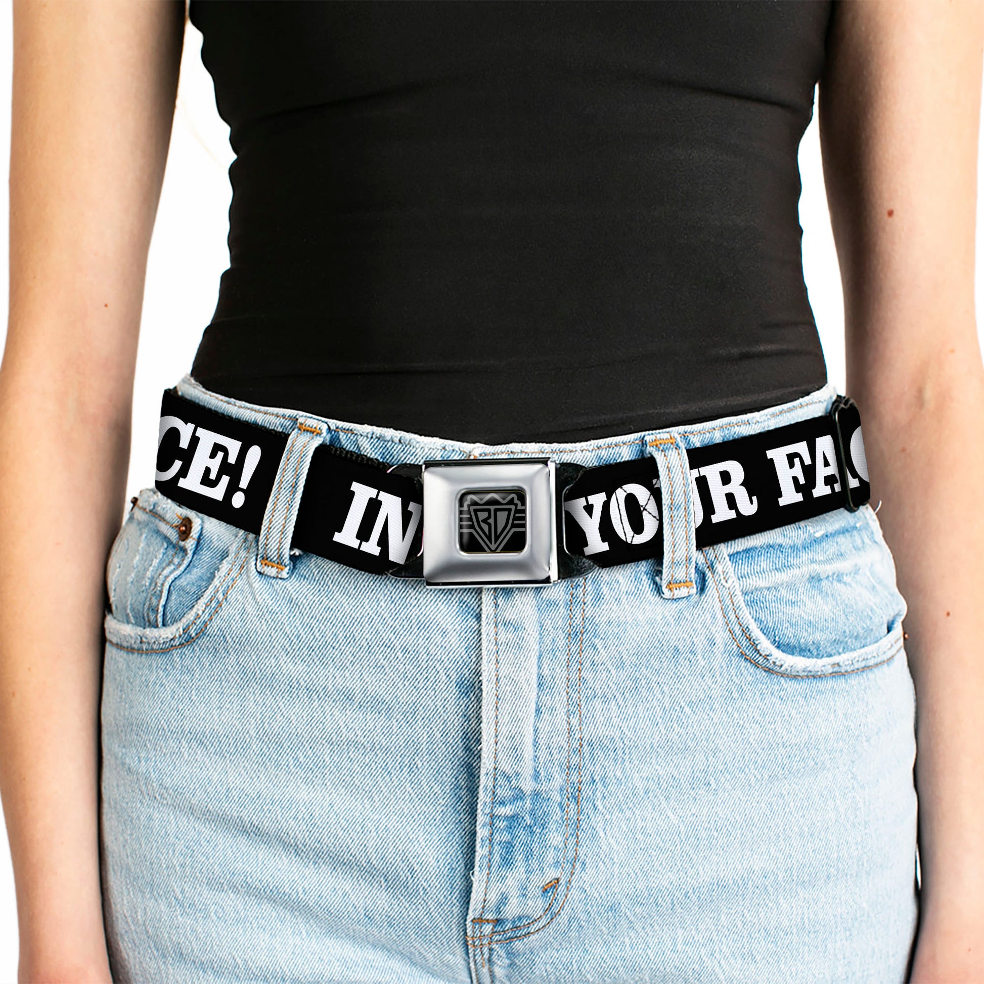 BD Wings Logo CLOSE-UP Full Color Black Silver Seatbelt Belt - IN YOUR FACE Black/White Webbing Seatbelt Belts Buckle-Down