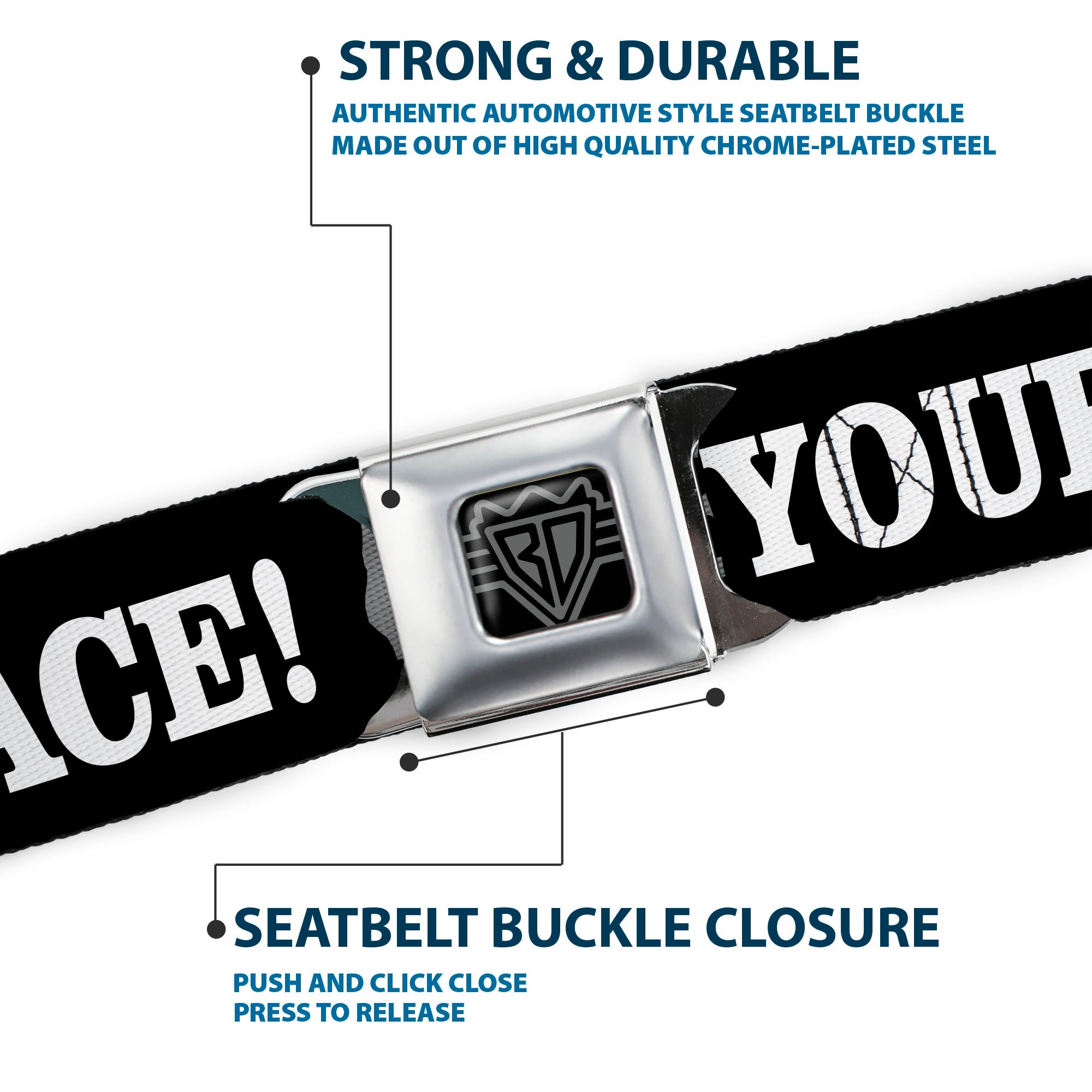 BD Wings Logo CLOSE-UP Full Color Black Silver Seatbelt Belt - IN YOUR FACE Black/White Webbing Seatbelt Belts Buckle-Down