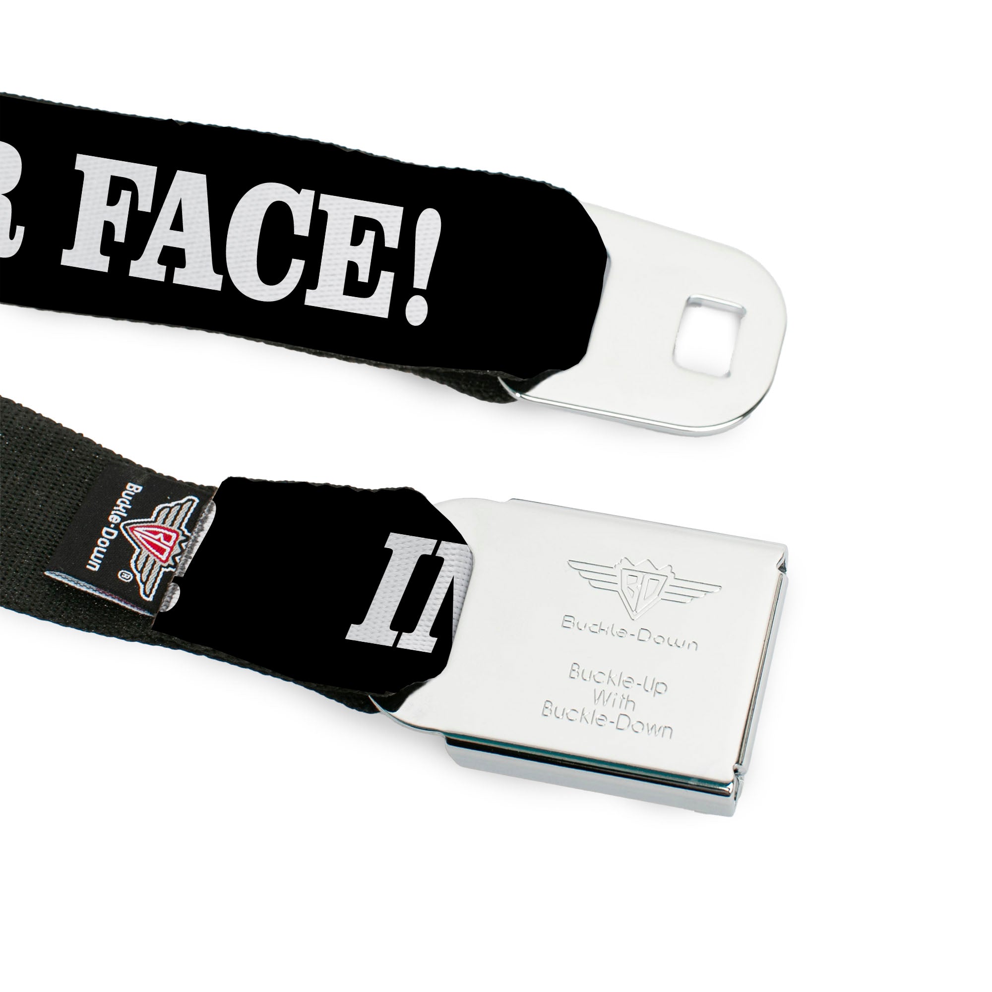 BD Wings Logo CLOSE-UP Full Color Black Silver Seatbelt Belt - IN YOUR FACE Black/White Webbing Seatbelt Belts Buckle-Down