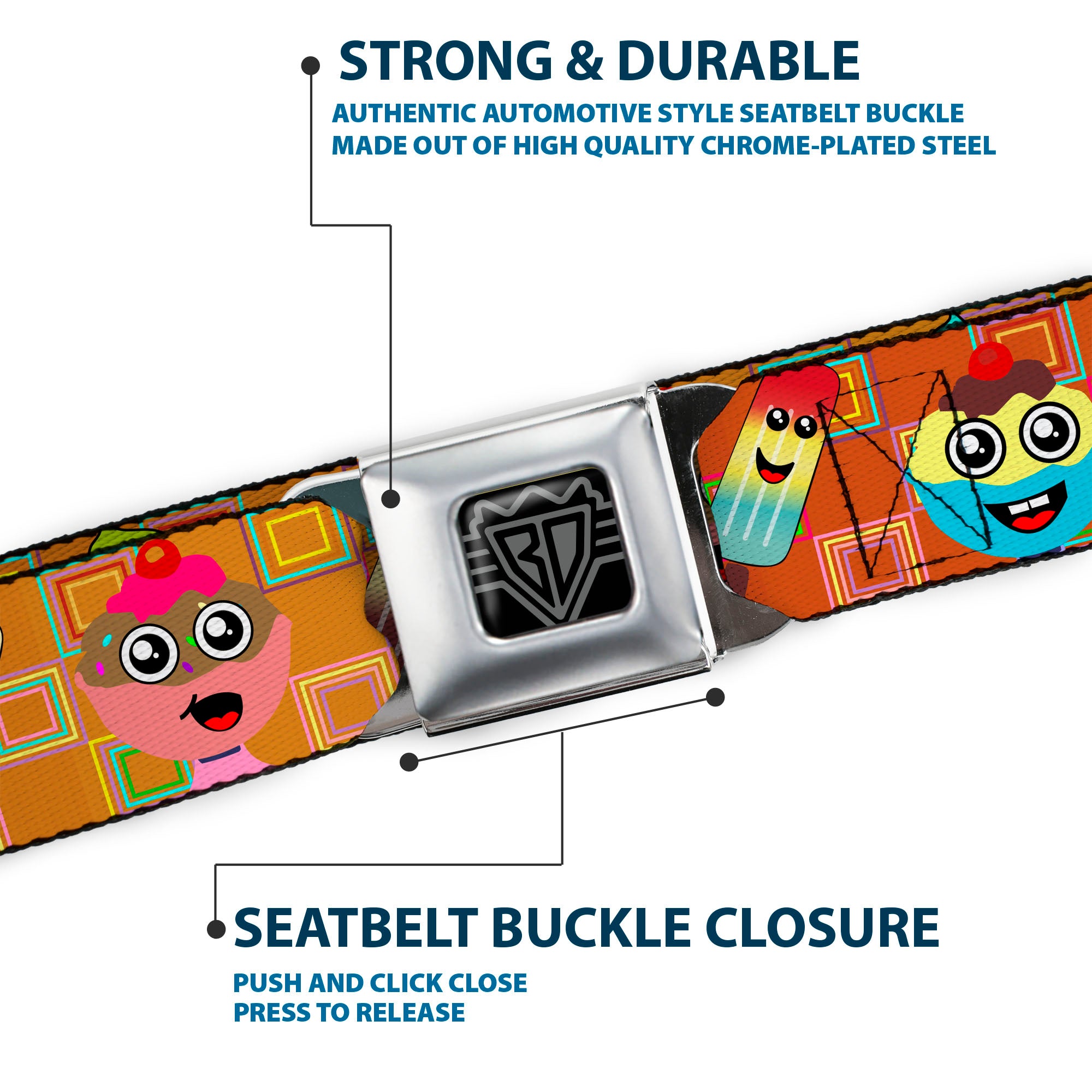 BD Wings Logo CLOSE-UP Full Color Black Silver Seatbelt Belt - Ice Cream Cone & Popsicle Expressions/Squares Multi Color Webbing Seatbelt Belts Buckle-Down