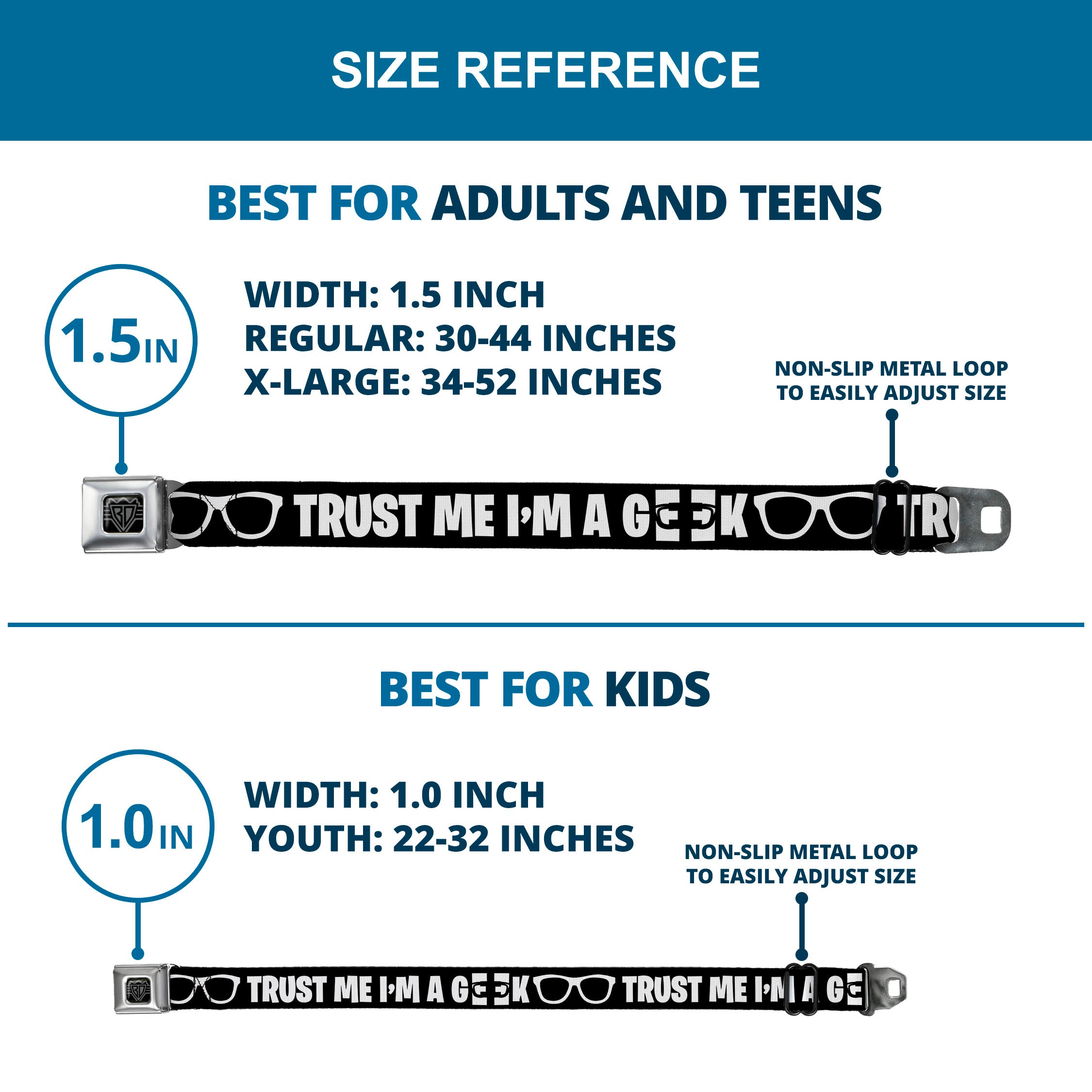 BD Wings Logo CLOSE-UP Full Color Black Silver Seatbelt Belt - I'M A GEEK/Glasses Black/White Webbing Seatbelt Belts Buckle-Down