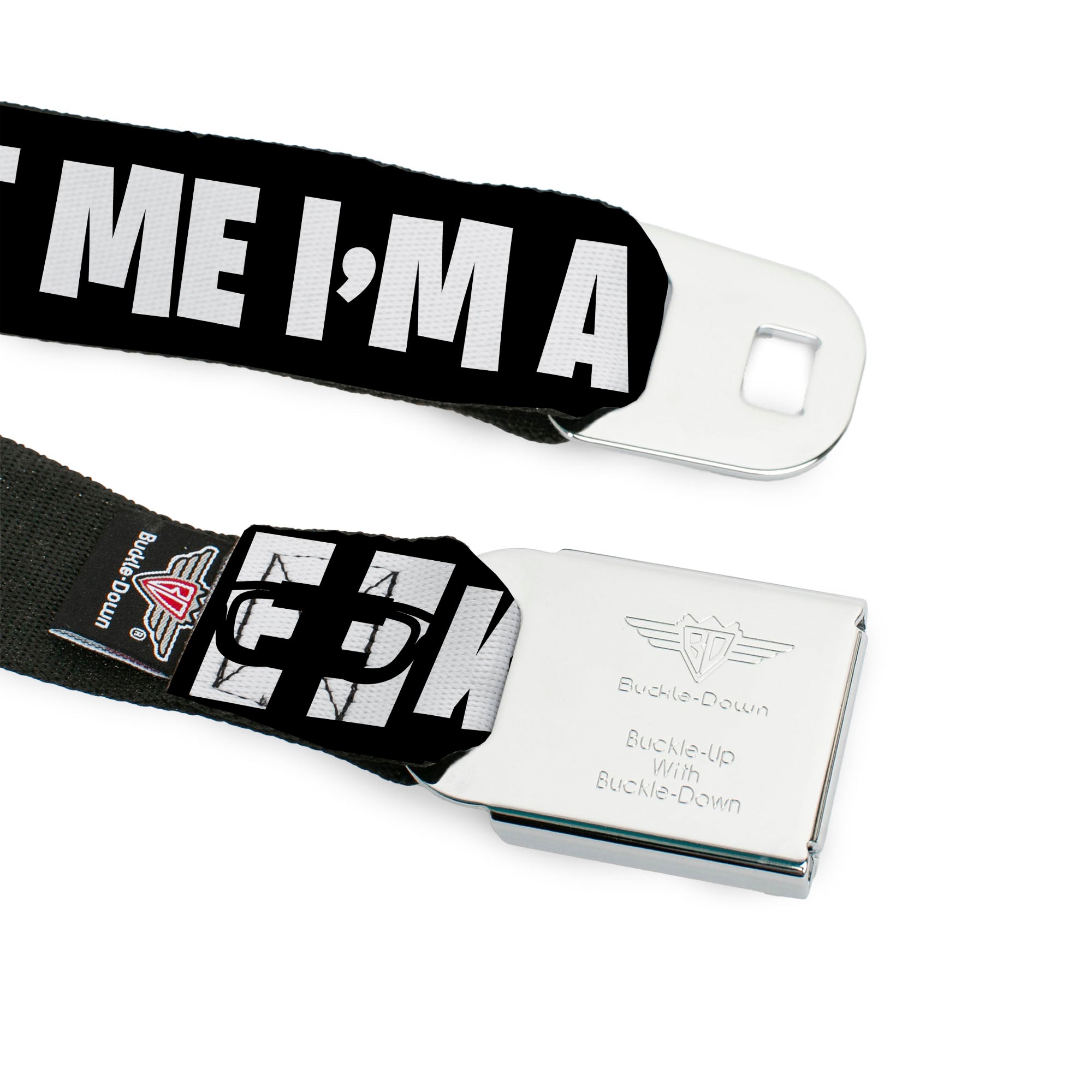 BD Wings Logo CLOSE-UP Full Color Black Silver Seatbelt Belt - I'M A GEEK/Glasses Black/White Webbing Seatbelt Belts Buckle-Down