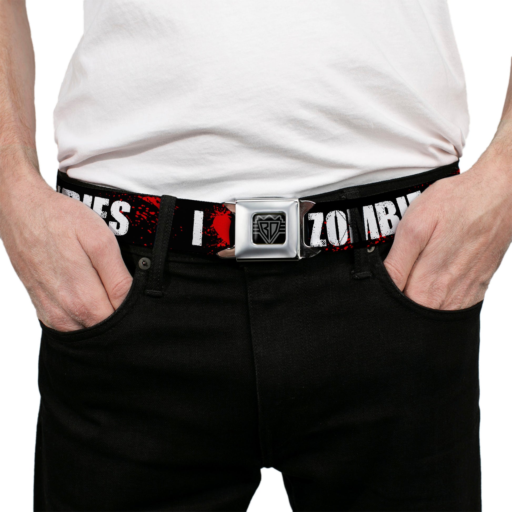 BD Wings Logo CLOSE-UP Full Color Black Silver Seatbelt Belt - I "Heart" ZOMBIES Bold Splatter Black/White/Red Webbing Seatbelt Belts Buckle-Down
