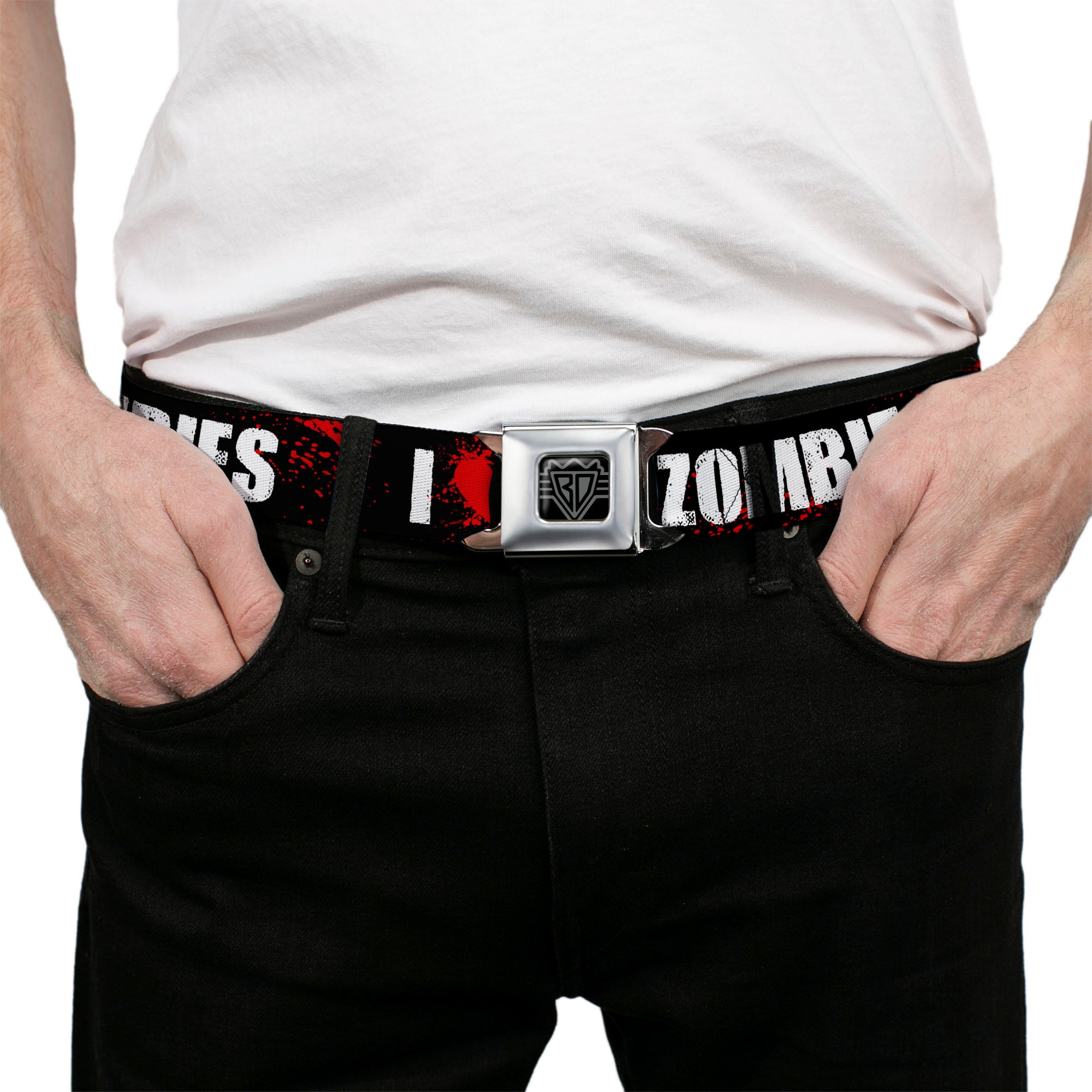 BD Wings Logo CLOSE-UP Full Color Black Silver Seatbelt Belt - I "Heart" ZOMBIES Bold Splatter Black/White/Red Webbing Seatbelt Belts Buckle-Down