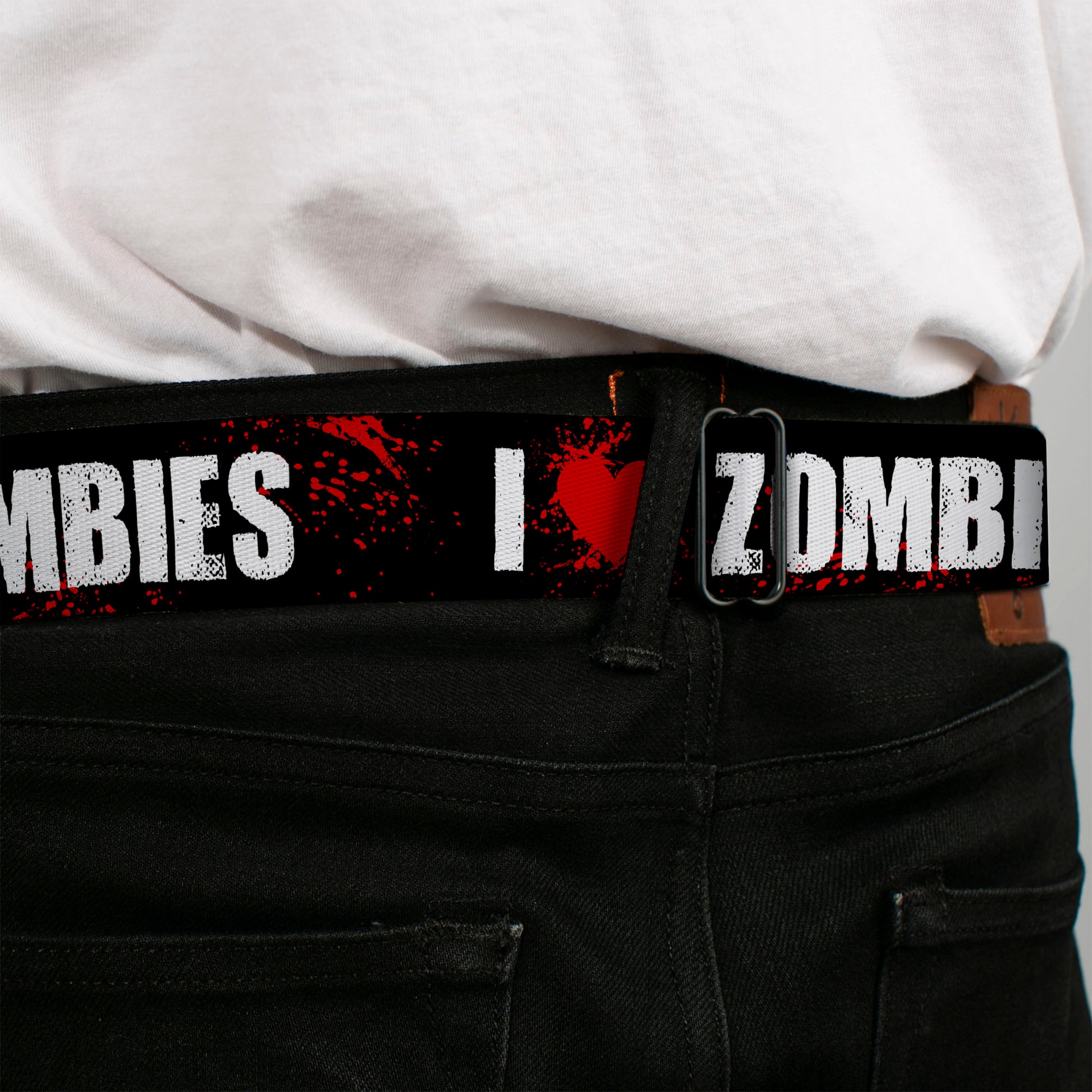 BD Wings Logo CLOSE-UP Full Color Black Silver Seatbelt Belt - I "Heart" ZOMBIES Bold Splatter Black/White/Red Webbing Seatbelt Belts Buckle-Down