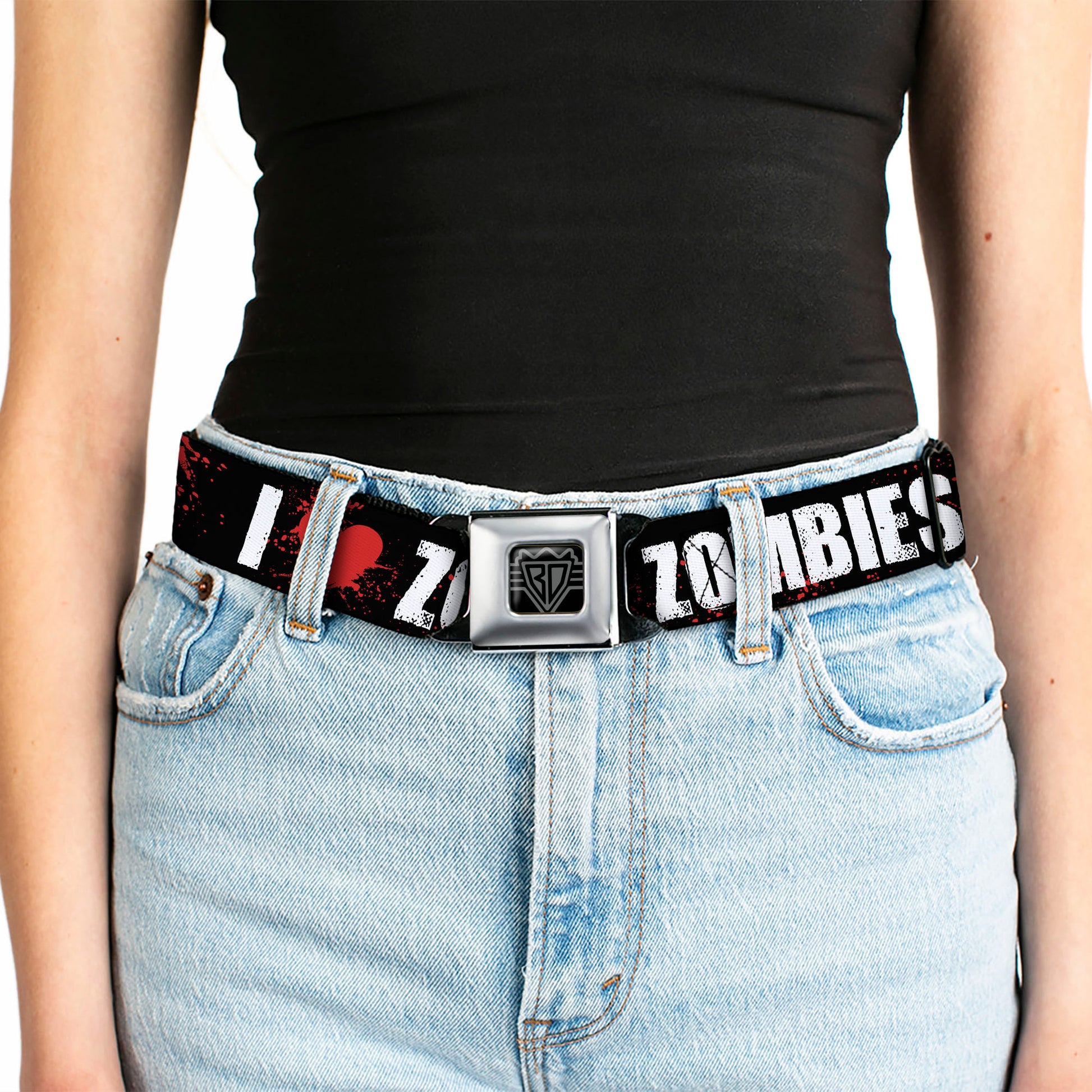 BD Wings Logo CLOSE-UP Full Color Black Silver Seatbelt Belt - I "Heart" ZOMBIES Bold Splatter Black/White/Red Webbing Seatbelt Belts Buckle-Down