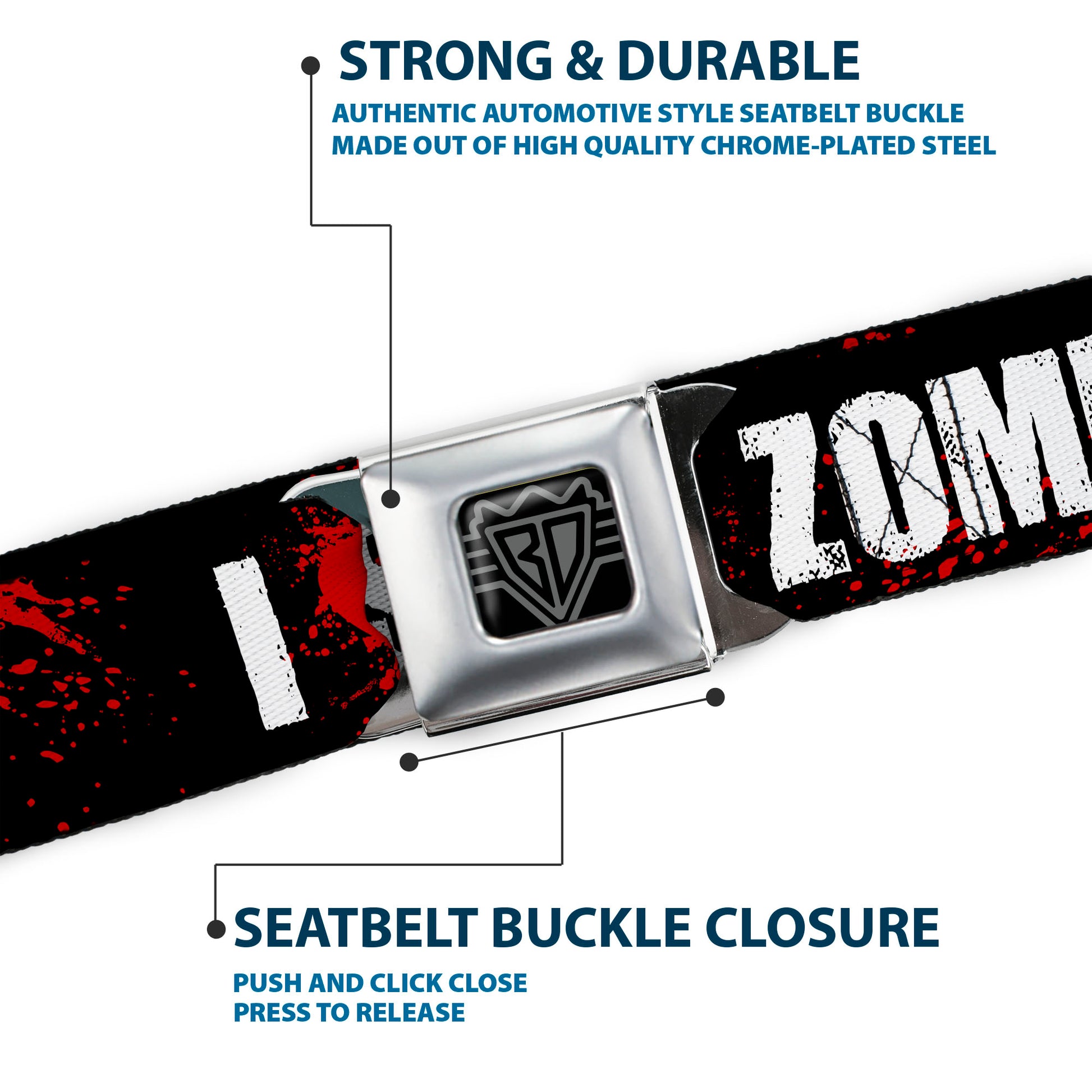 BD Wings Logo CLOSE-UP Full Color Black Silver Seatbelt Belt - I "Heart" ZOMBIES Bold Splatter Black/White/Red Webbing Seatbelt Belts Buckle-Down