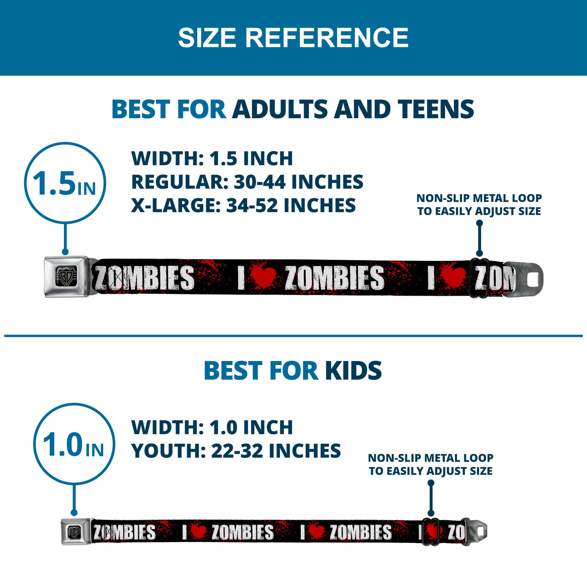 BD Wings Logo CLOSE-UP Full Color Black Silver Seatbelt Belt - I "Heart" ZOMBIES Bold Splatter Black/White/Red Webbing Seatbelt Belts Buckle-Down