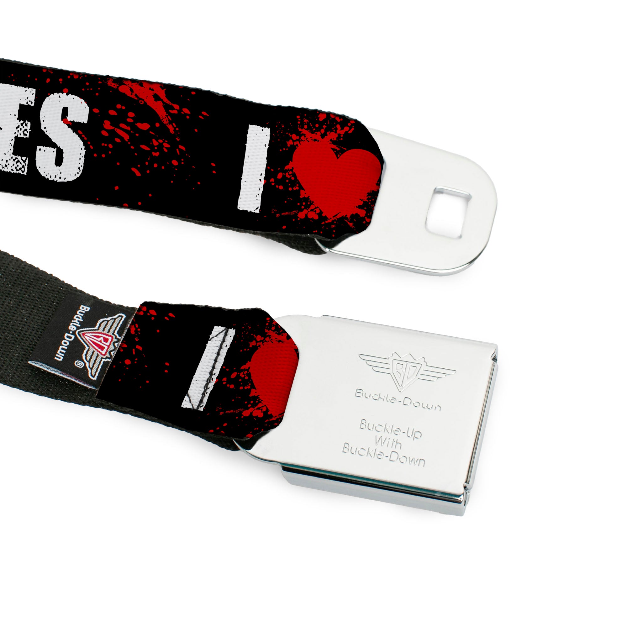 BD Wings Logo CLOSE-UP Full Color Black Silver Seatbelt Belt - I "Heart" ZOMBIES Bold Splatter Black/White/Red Webbing Seatbelt Belts Buckle-Down