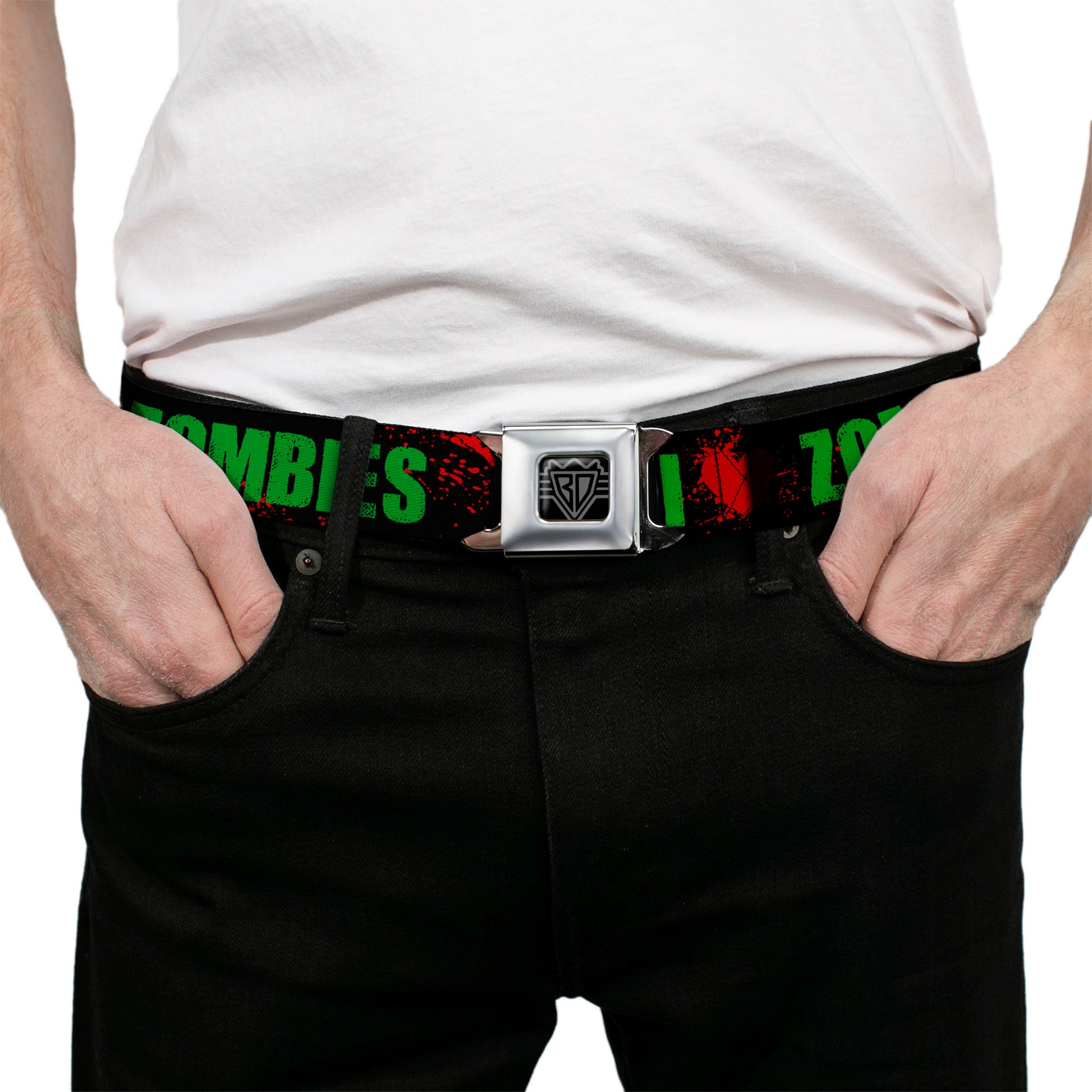 BD Wings Logo CLOSE-UP Full Color Black Silver Seatbelt Belt - I "Heart" ZOMBIES Bold Splatter Black/Green/Red Webbing Seatbelt Belts Buckle-Down
