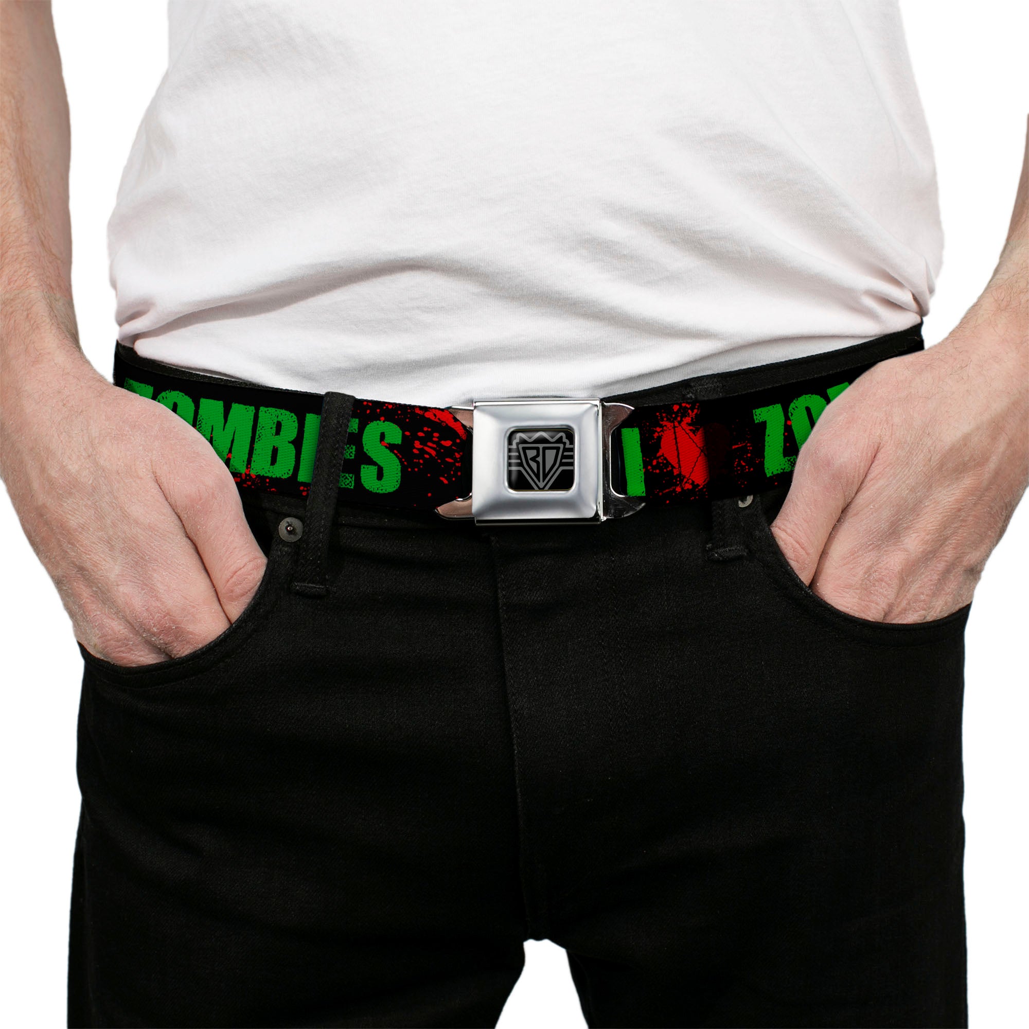 BD Wings Logo CLOSE-UP Full Color Black Silver Seatbelt Belt - I "Heart" ZOMBIES Bold Splatter Black/Green/Red Webbing Seatbelt Belts Buckle-Down