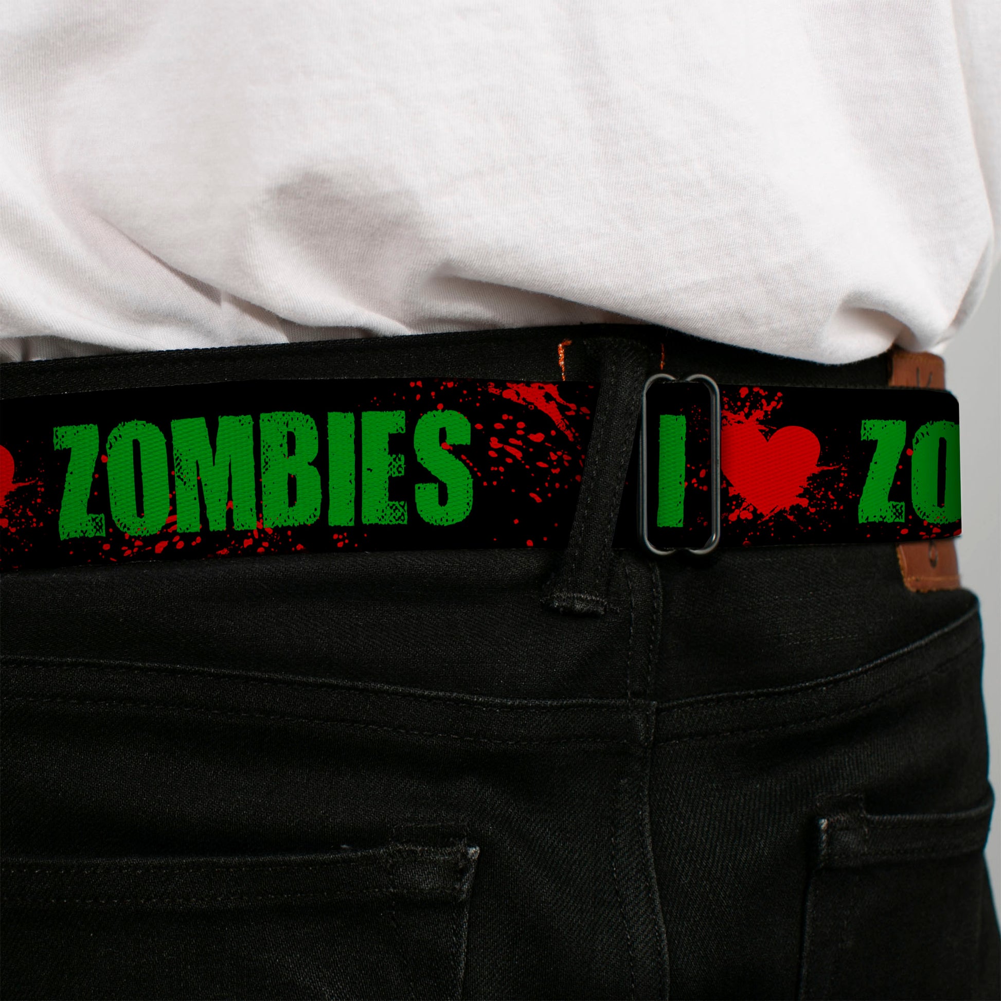 BD Wings Logo CLOSE-UP Full Color Black Silver Seatbelt Belt - I "Heart" ZOMBIES Bold Splatter Black/Green/Red Webbing Seatbelt Belts Buckle-Down
