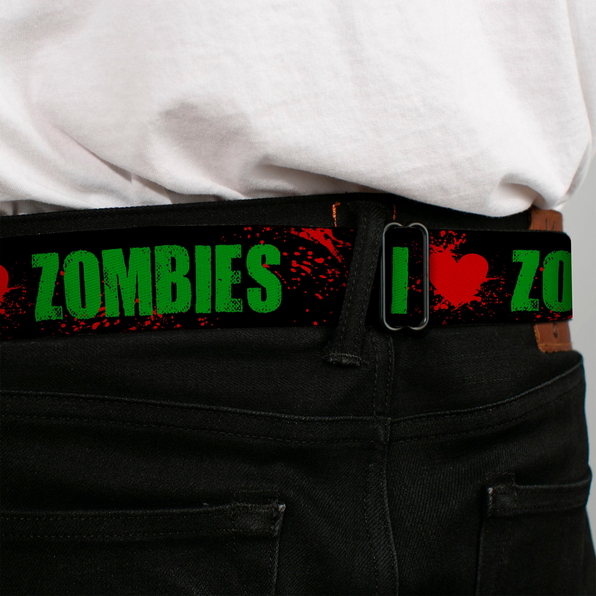 BD Wings Logo CLOSE-UP Full Color Black Silver Seatbelt Belt - I "Heart" ZOMBIES Bold Splatter Black/Green/Red Webbing Seatbelt Belts Buckle-Down