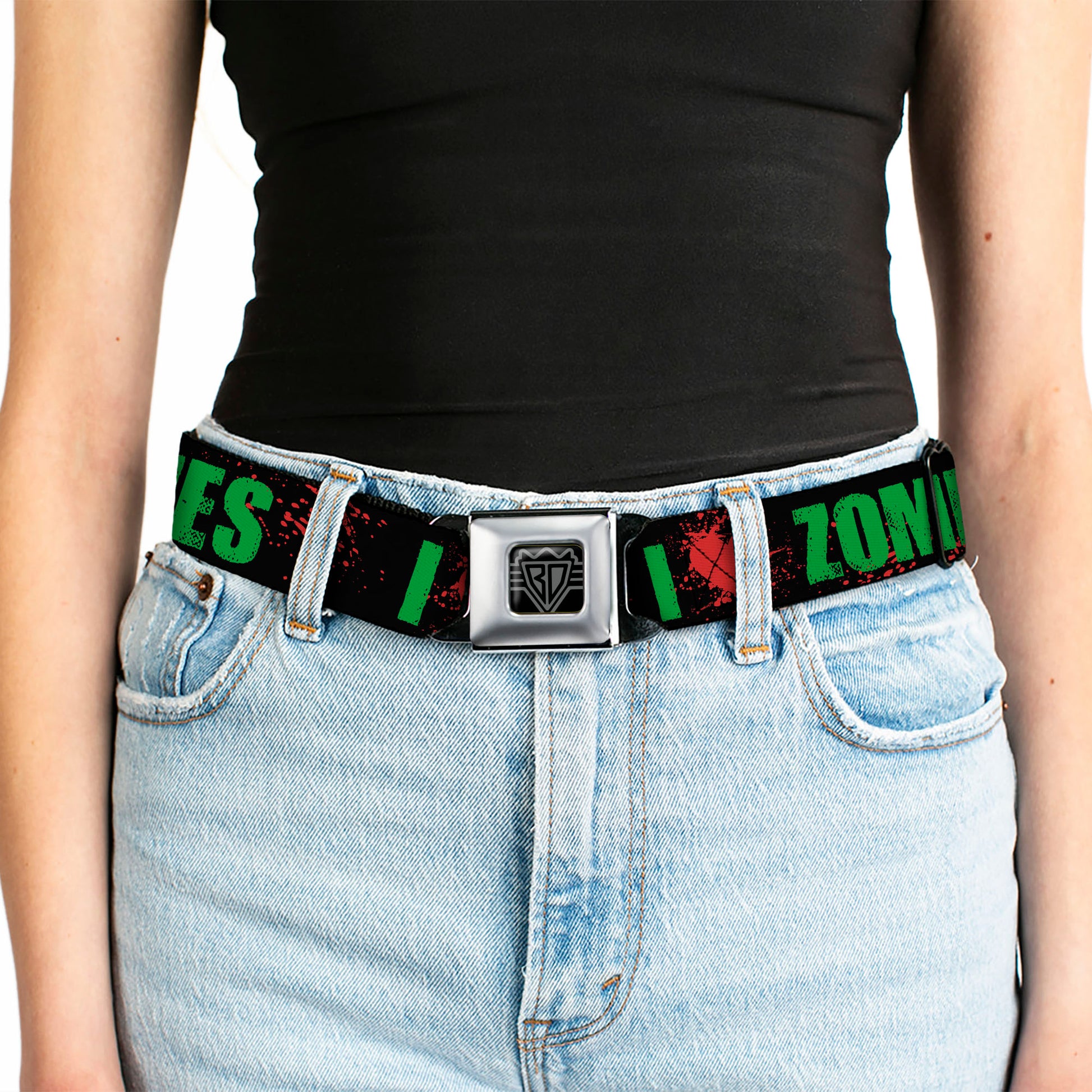 BD Wings Logo CLOSE-UP Full Color Black Silver Seatbelt Belt - I "Heart" ZOMBIES Bold Splatter Black/Green/Red Webbing Seatbelt Belts Buckle-Down