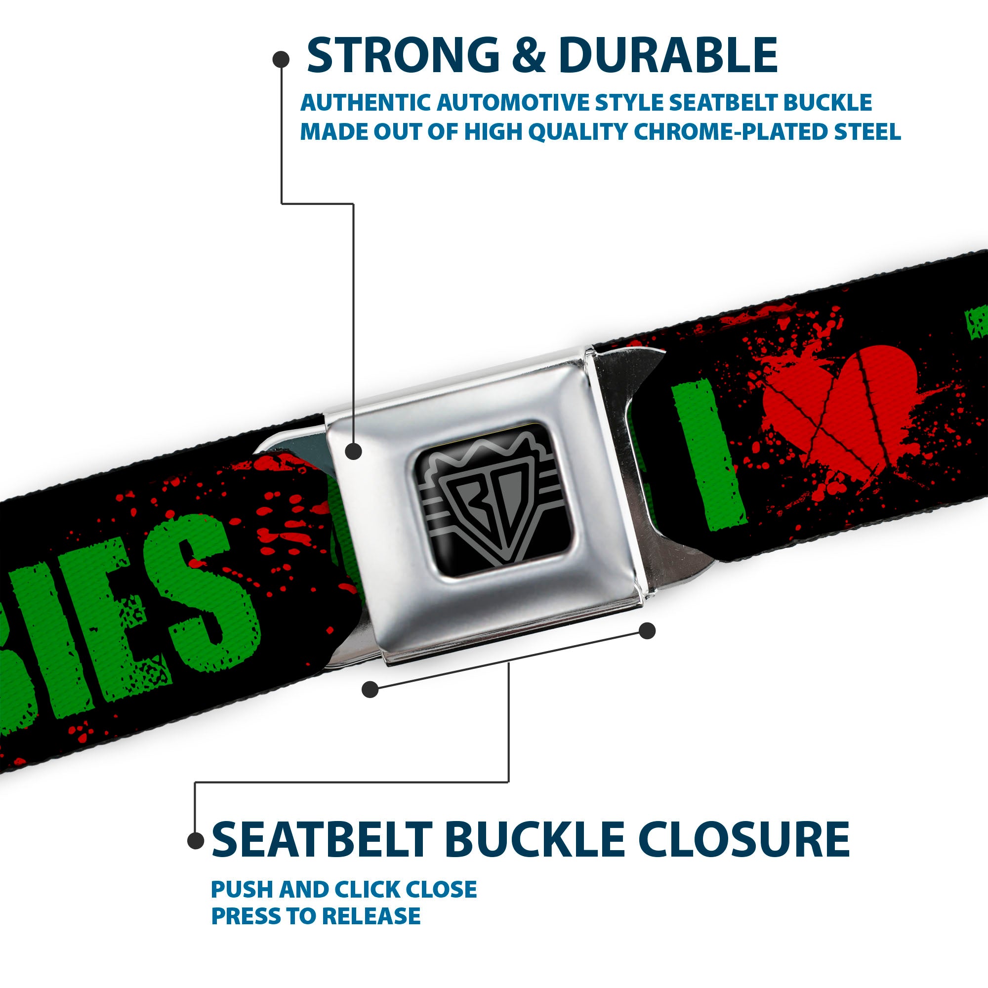 BD Wings Logo CLOSE-UP Full Color Black Silver Seatbelt Belt - I "Heart" ZOMBIES Bold Splatter Black/Green/Red Webbing Seatbelt Belts Buckle-Down