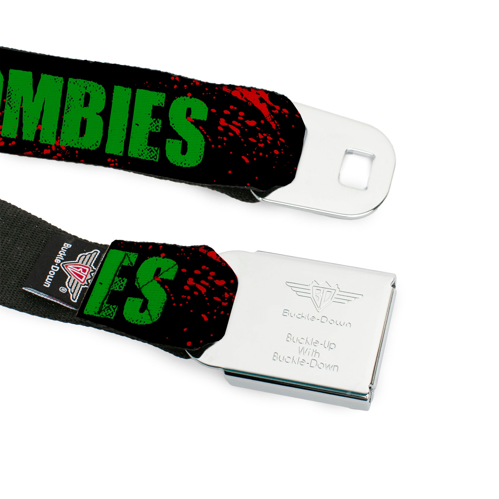 BD Wings Logo CLOSE-UP Full Color Black Silver Seatbelt Belt - I "Heart" ZOMBIES Bold Splatter Black/Green/Red Webbing Seatbelt Belts Buckle-Down