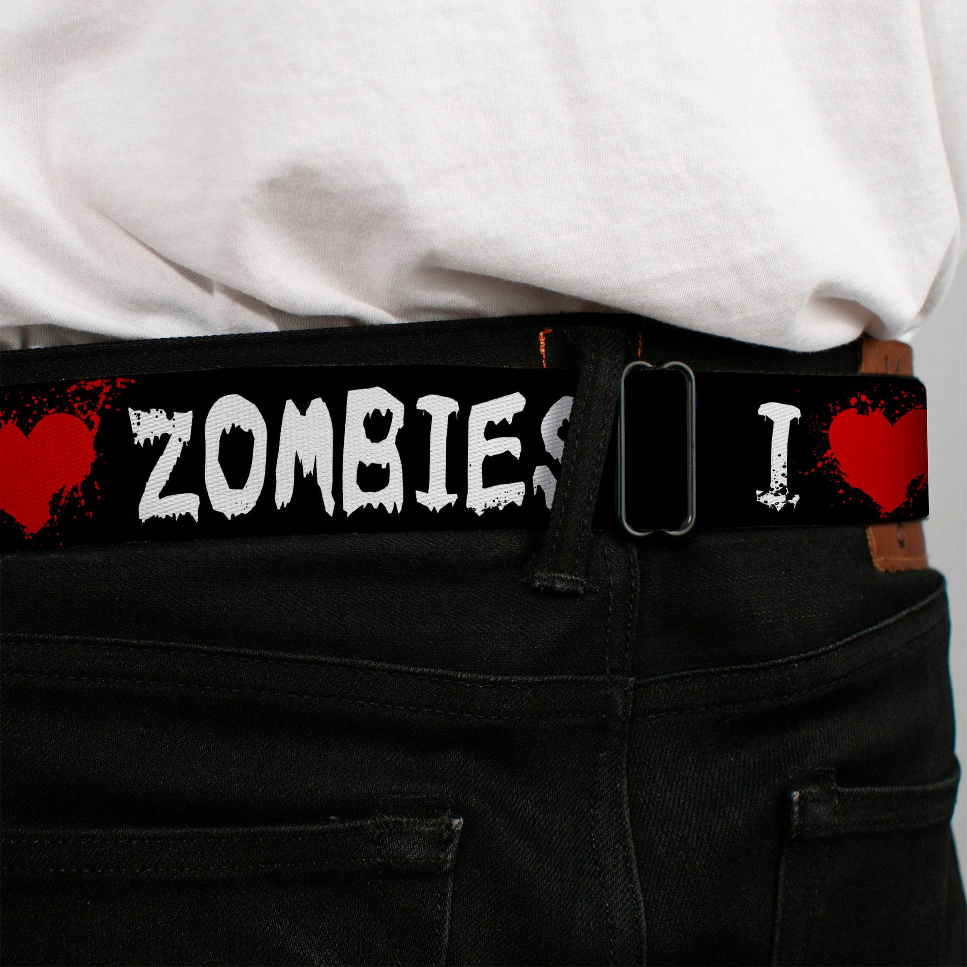 BD Wings Logo CLOSE-UP Full Color Black Silver Seatbelt Belt - I "Heart" ZOMBIES Bloody Splatter Black/White/Red Webbing Seatbelt Belts Buckle-Down
