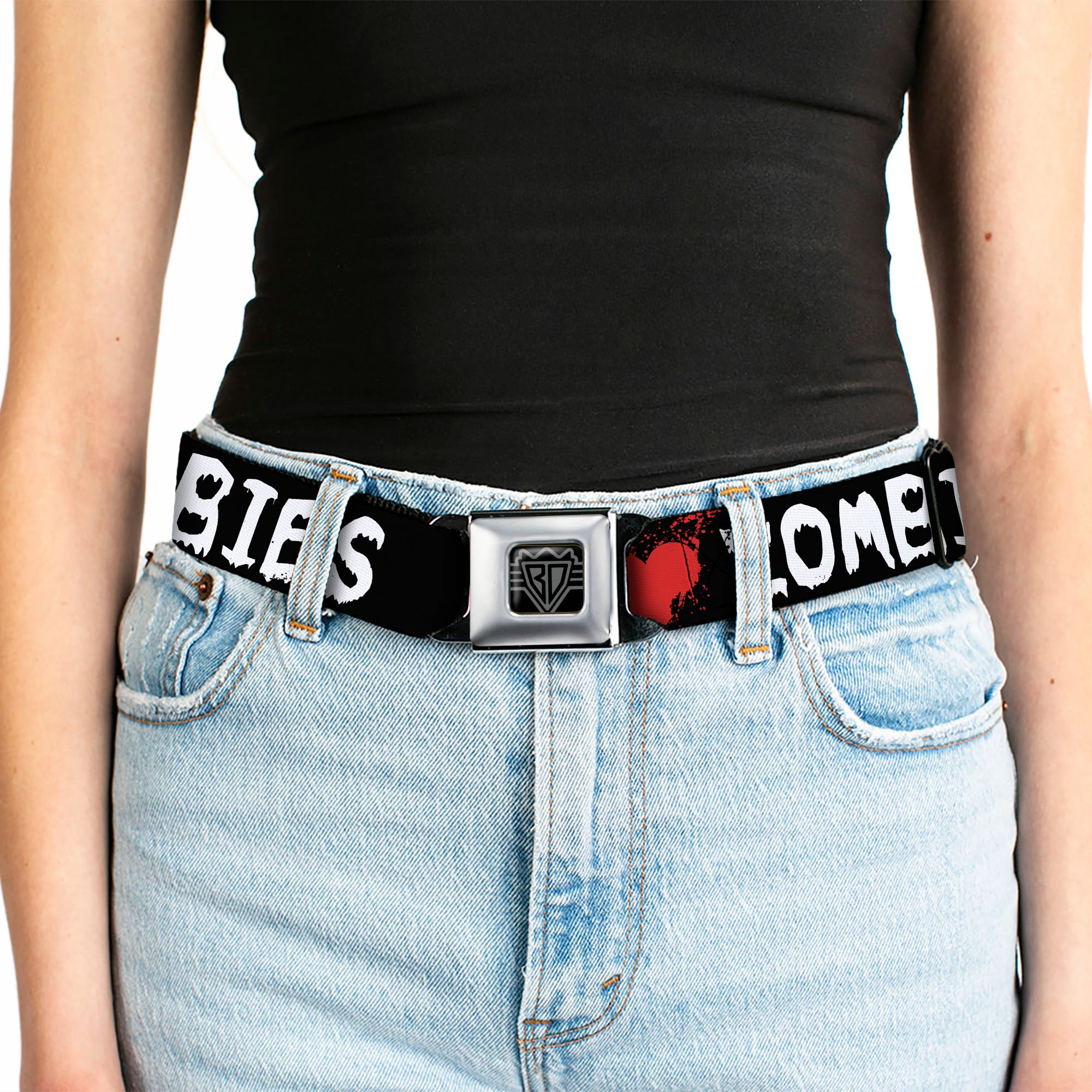 BD Wings Logo CLOSE-UP Full Color Black Silver Seatbelt Belt - I "Heart" ZOMBIES Bloody Splatter Black/White/Red Webbing Seatbelt Belts Buckle-Down
