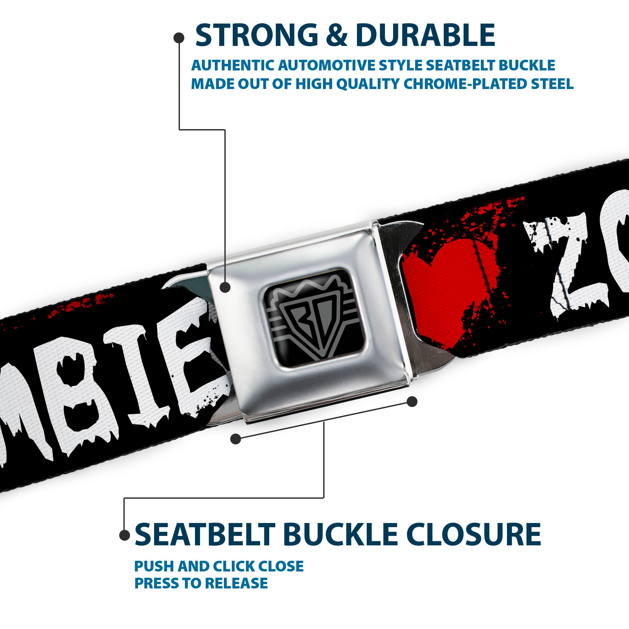 BD Wings Logo CLOSE-UP Full Color Black Silver Seatbelt Belt - I "Heart" ZOMBIES Bloody Splatter Black/White/Red Webbing Seatbelt Belts Buckle-Down