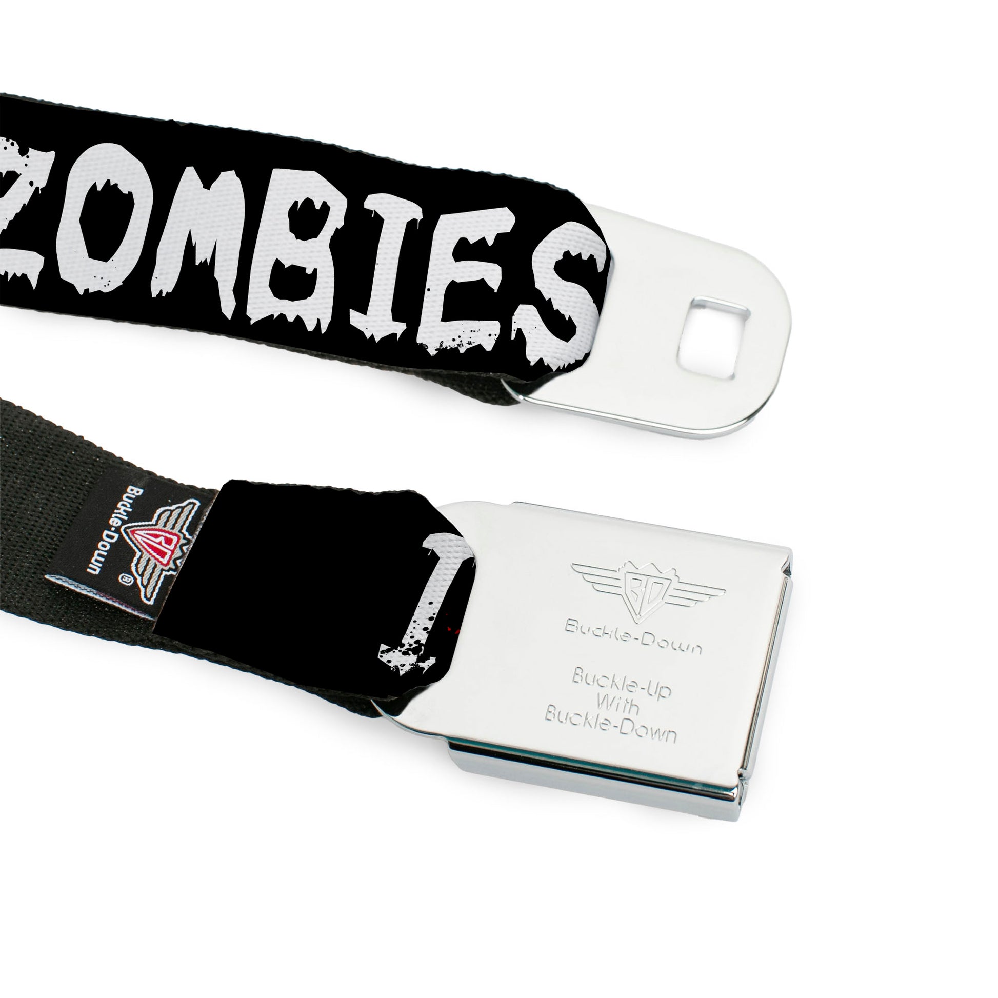 BD Wings Logo CLOSE-UP Full Color Black Silver Seatbelt Belt - I "Heart" ZOMBIES Bloody Splatter Black/White/Red Webbing Seatbelt Belts Buckle-Down