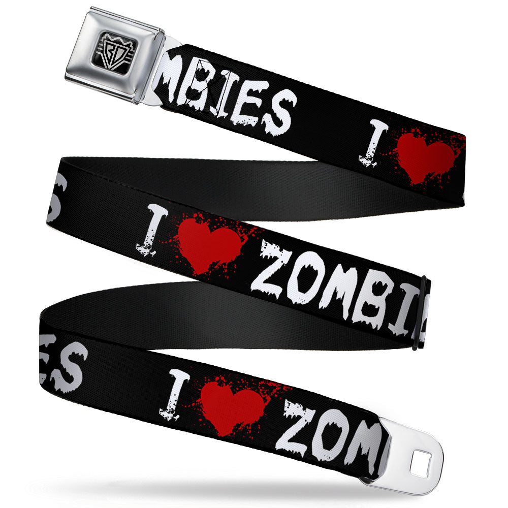 BD Wings Logo CLOSE-UP Full Color Black Silver Seatbelt Belt - I "Heart" ZOMBIES Bloody Splatter Black/White/Red Webbing Seatbelt Belts Buckle-Down