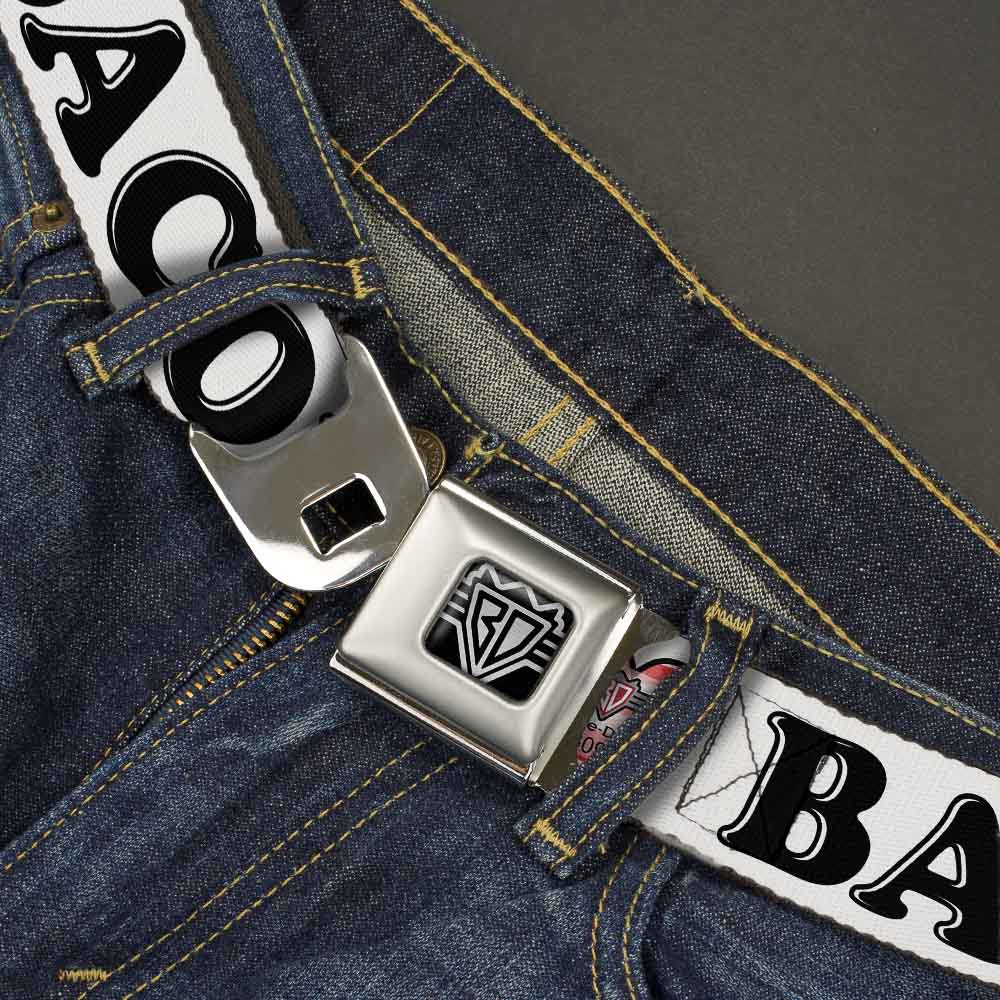 BD Wings Logo CLOSE-UP Full Color Black Silver Seatbelt Belt - I "Heart" BACON White/Black/Bacon Webbing Seatbelt Belts Buckle-Down