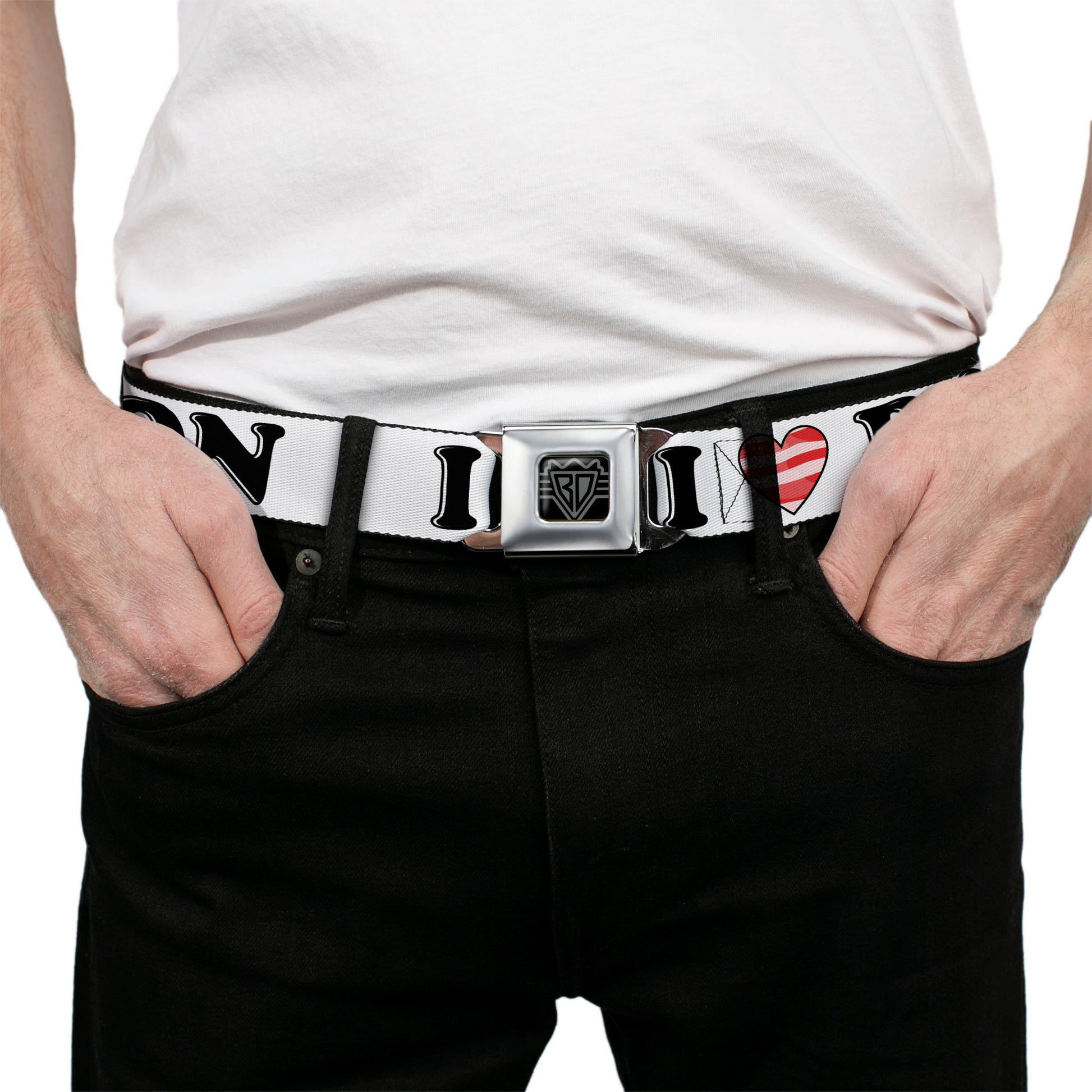 BD Wings Logo CLOSE-UP Full Color Black Silver Seatbelt Belt - I "Heart" BACON White/Black/Bacon Webbing Seatbelt Belts Buckle-Down