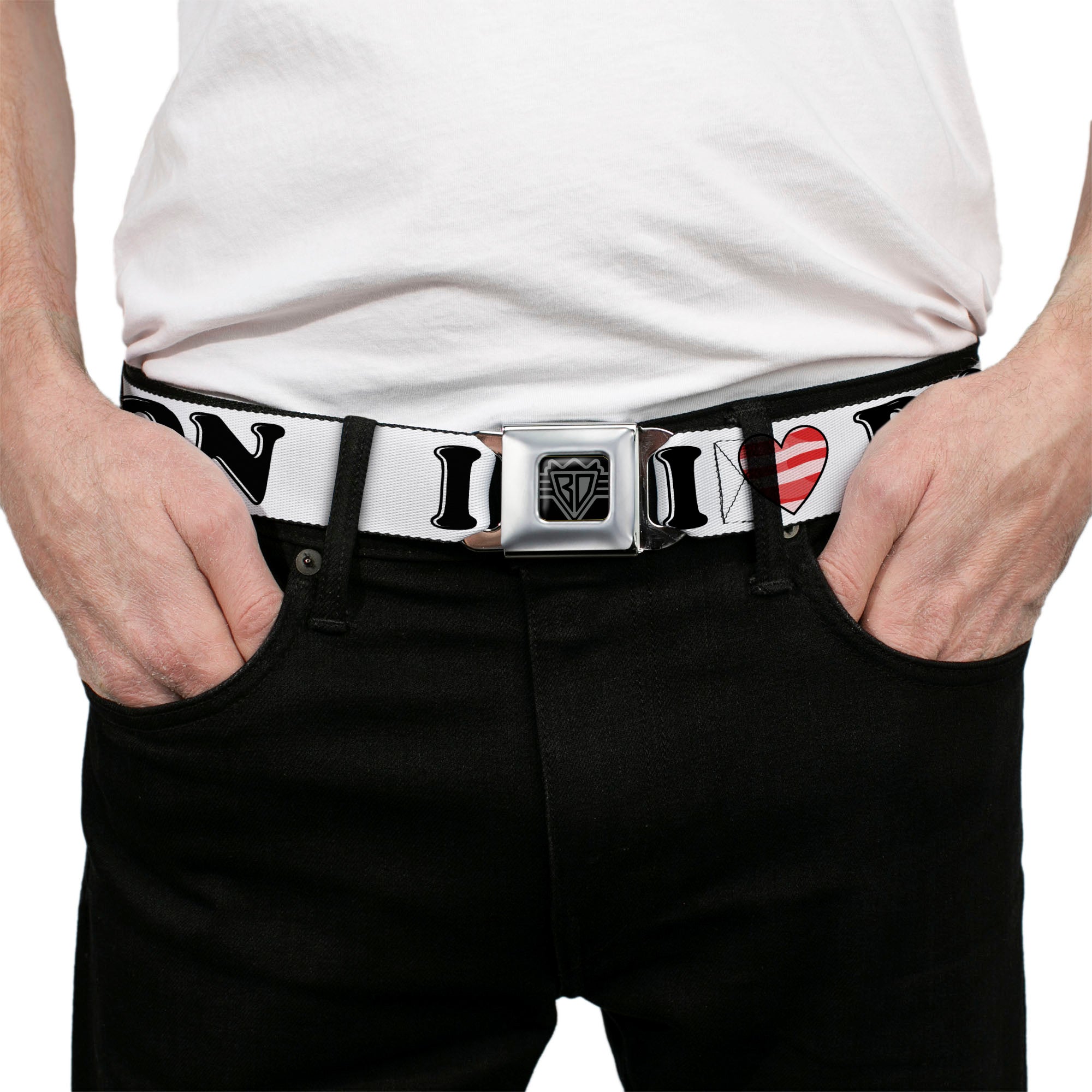 BD Wings Logo CLOSE-UP Full Color Black Silver Seatbelt Belt - I "Heart" BACON White/Black/Bacon Webbing Seatbelt Belts Buckle-Down