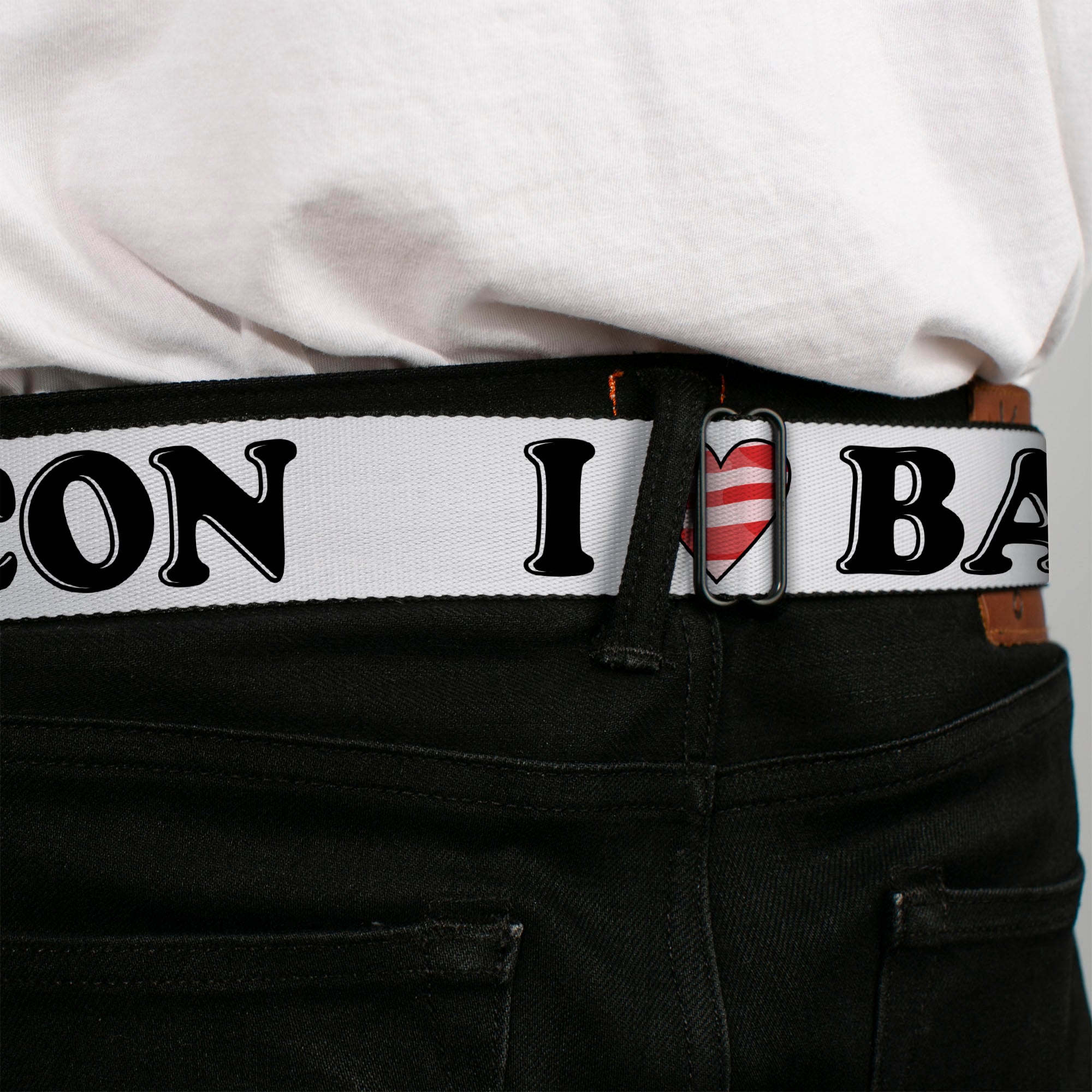 BD Wings Logo CLOSE-UP Full Color Black Silver Seatbelt Belt - I "Heart" BACON White/Black/Bacon Webbing Seatbelt Belts Buckle-Down