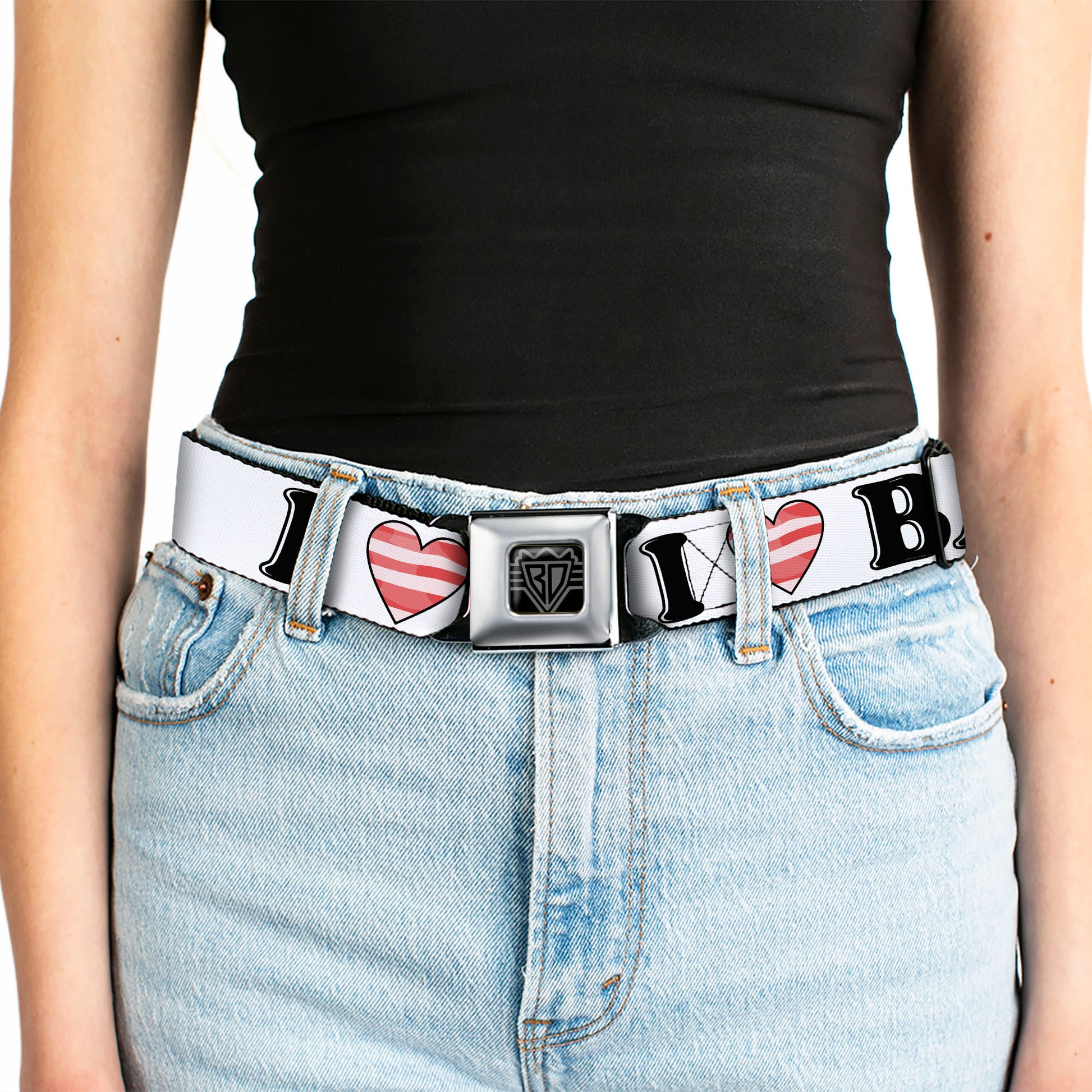 BD Wings Logo CLOSE-UP Full Color Black Silver Seatbelt Belt - I "Heart" BACON White/Black/Bacon Webbing Seatbelt Belts Buckle-Down