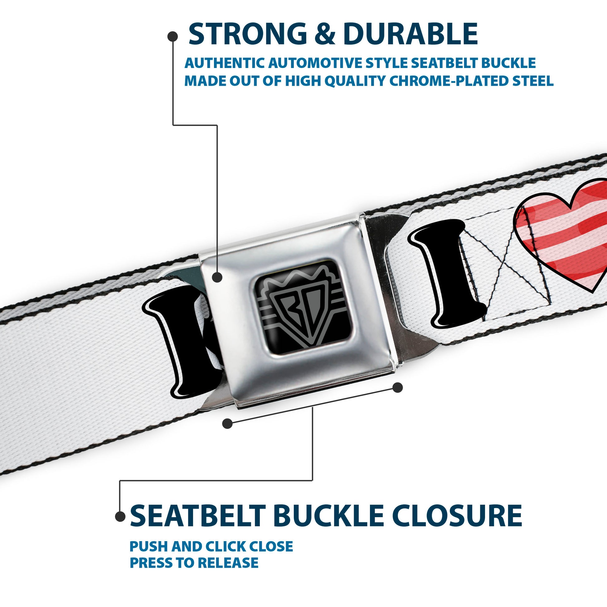 BD Wings Logo CLOSE-UP Full Color Black Silver Seatbelt Belt - I "Heart" BACON White/Black/Bacon Webbing Seatbelt Belts Buckle-Down