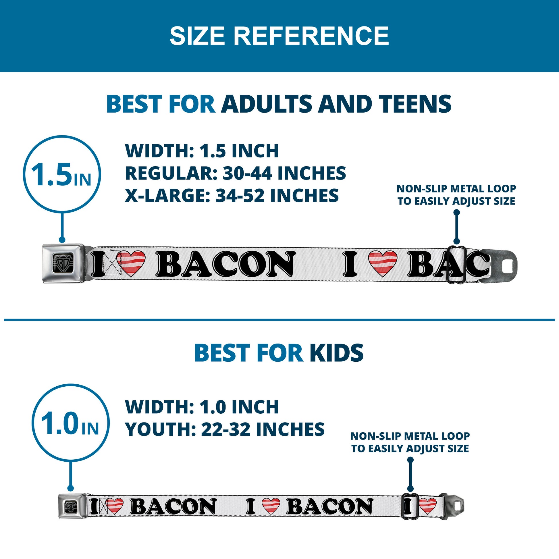 BD Wings Logo CLOSE-UP Full Color Black Silver Seatbelt Belt - I "Heart" BACON White/Black/Bacon Webbing Seatbelt Belts Buckle-Down